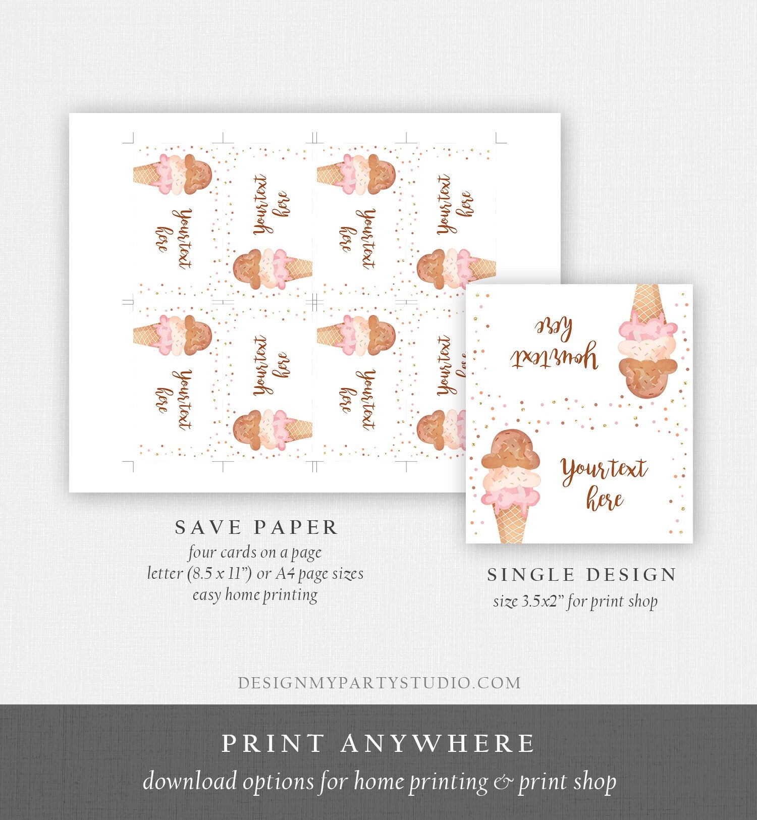 Editable Ice Cream Food Label Ice Cream Birthday Food Card Tent Girl Pink Gold the Scoop Buffet Digital Download Template Printable 0243