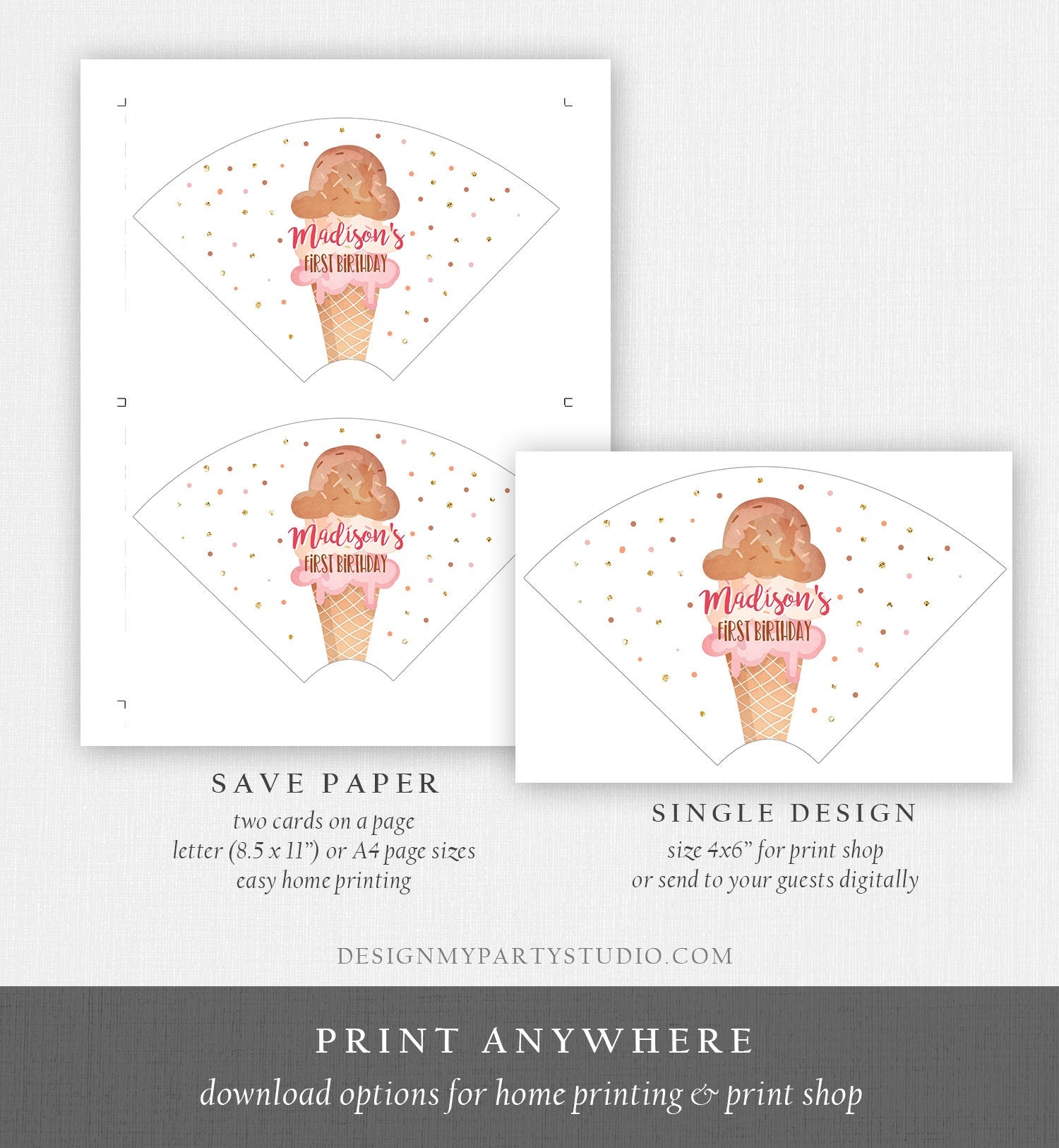Editable Ice Cream Cone Wrapper Ice Cream Label Ice Cream Birthday Girl Pink Ice Cream Social Cone Wrapper Ice Cream Bar Template Corjl 0243