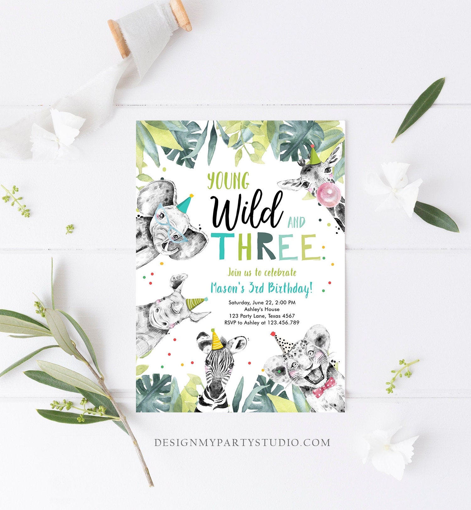 Editable Young Wild and Three Invitation Safari Animals Party Animals Boy Green Third Birthday 3rd Zoo Digital Evite Template Printable 0322