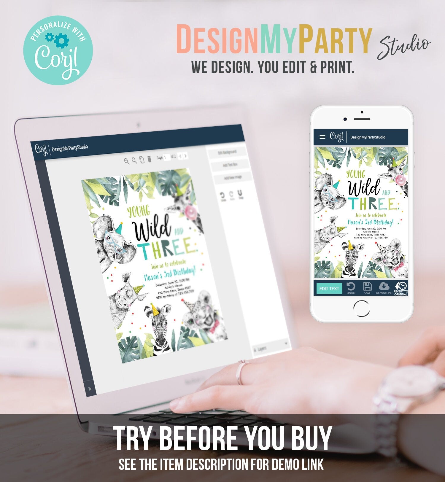 Editable Young Wild and Three Invitation Safari Animals Party Animals Boy Green Third Birthday 3rd Zoo Digital Evite Template Printable 0322