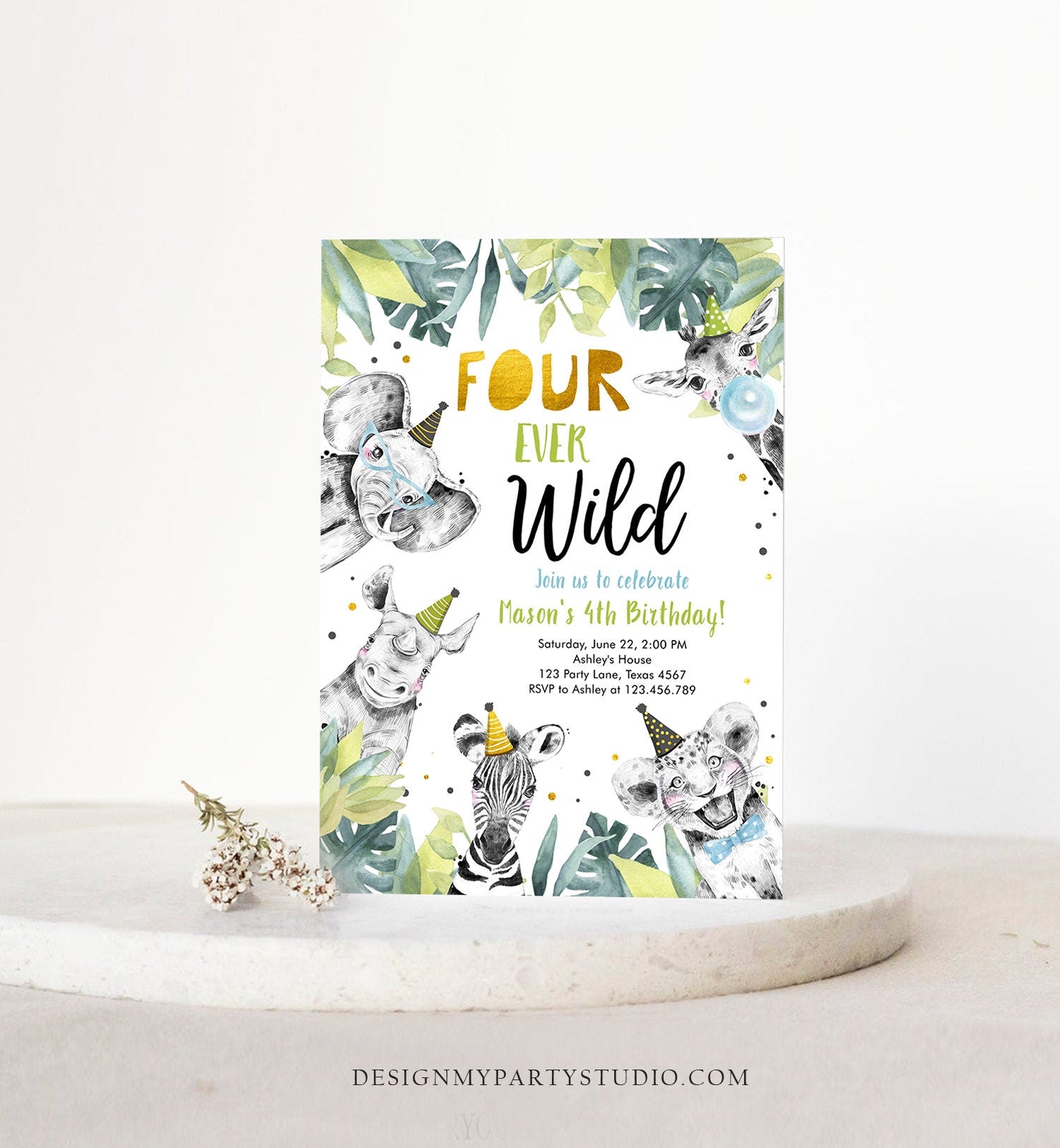 Editable Four Ever Wild Invitation Safari Animals Party Animals Boy Gold Fourth Birthday 4th Zoo Digital Corjl Template Printable 0322