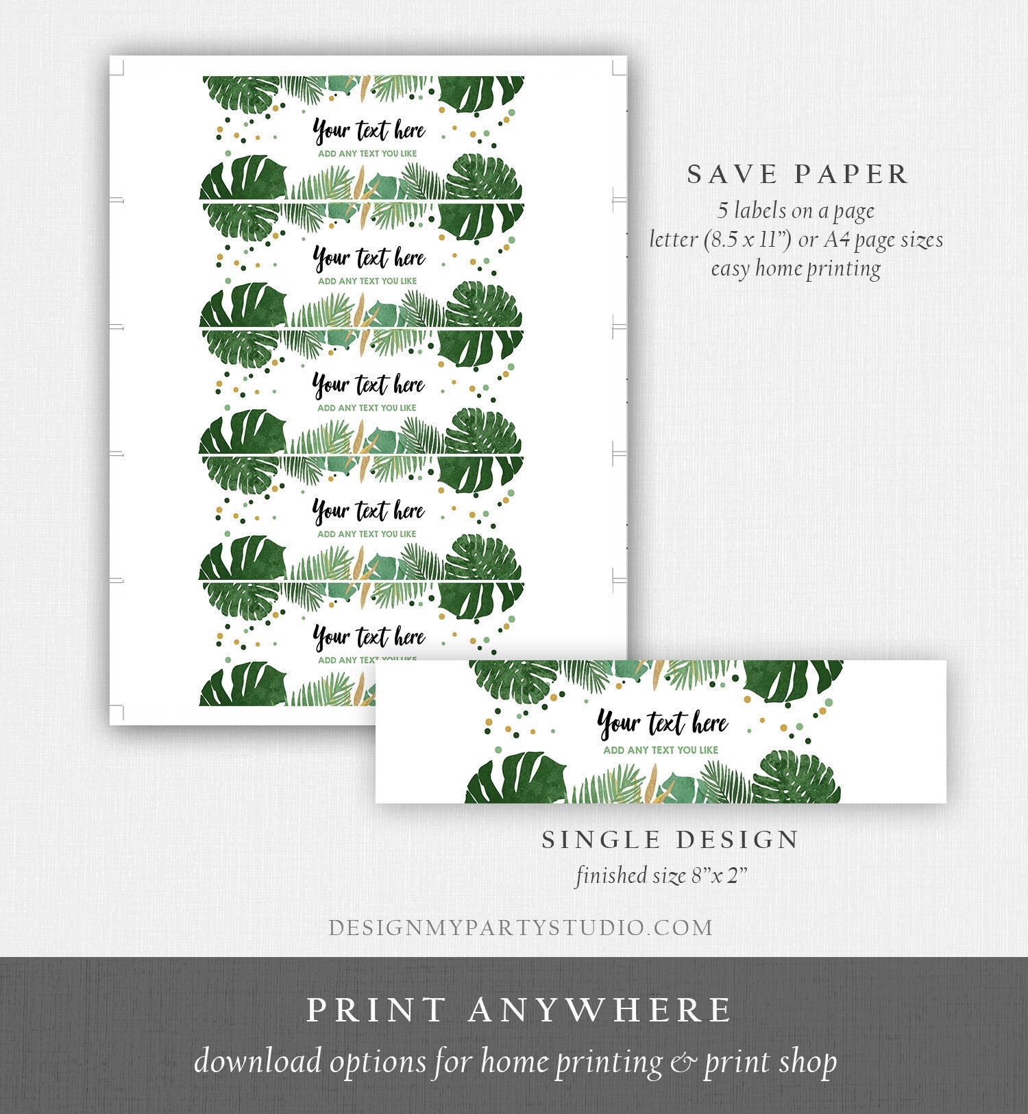 Editable Safari Water Bottle Labels Tropical Boy Birthday Party Wild One Decor Beach Summer Green Gold Labels Tropical Corjl Template 0332