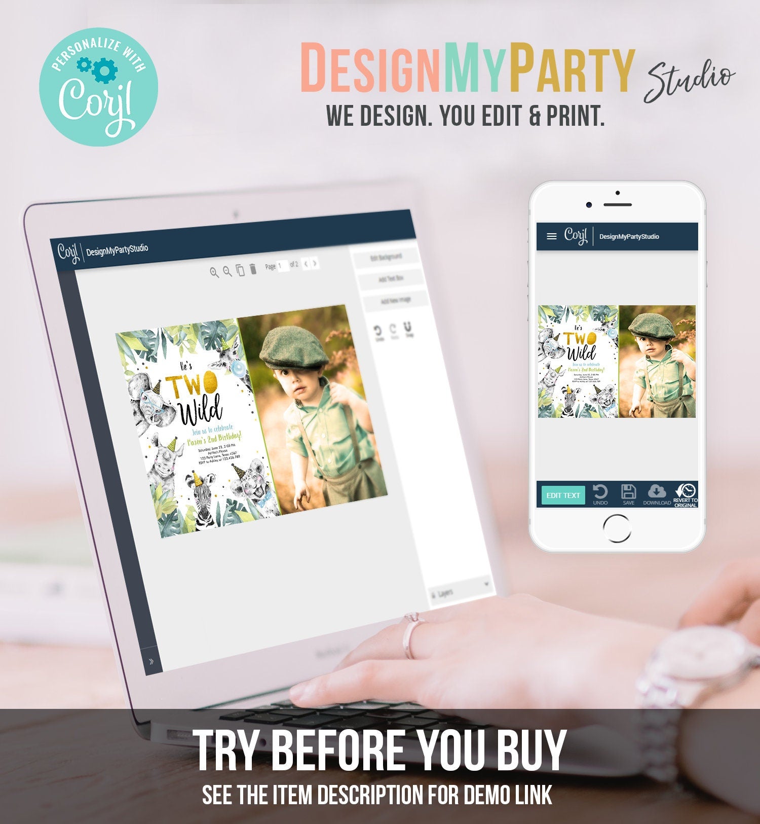 Editable Two Wild Birthday Invitation Safari Party Animals Boy Gold Second Born Two Be Wild Digital Download Evite Template Printable 0322