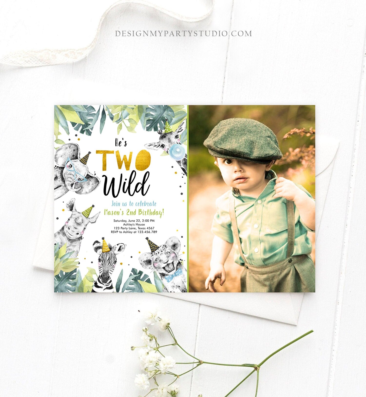 Editable Two Wild Birthday Invitation Safari Party Animals Boy Gold Second Born Two Be Wild Digital Download Evite Template Printable 0322