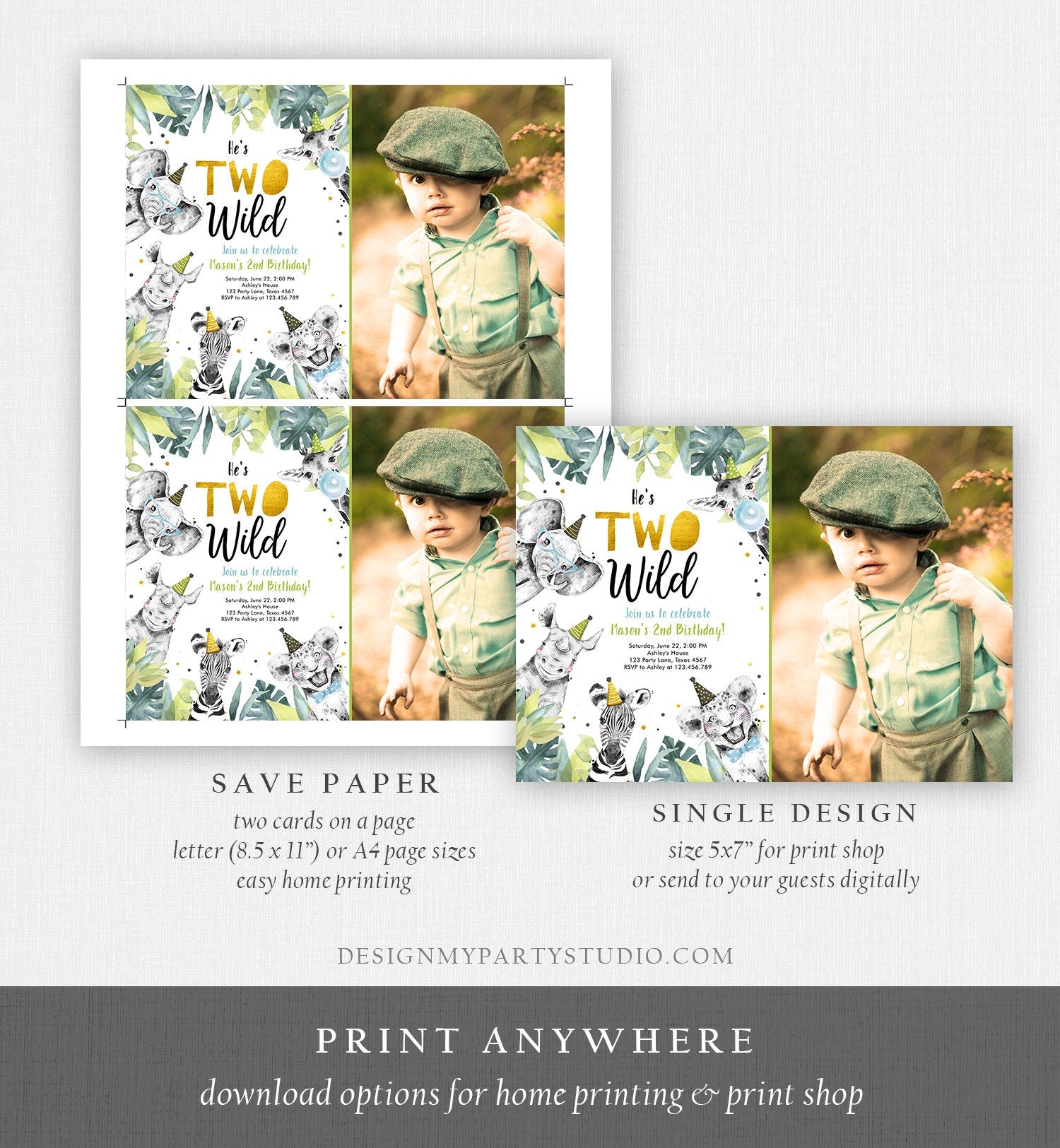 Editable Two Wild Birthday Invitation Safari Party Animals Boy Gold Second Born Two Be Wild Digital Download Evite Template Printable 0322