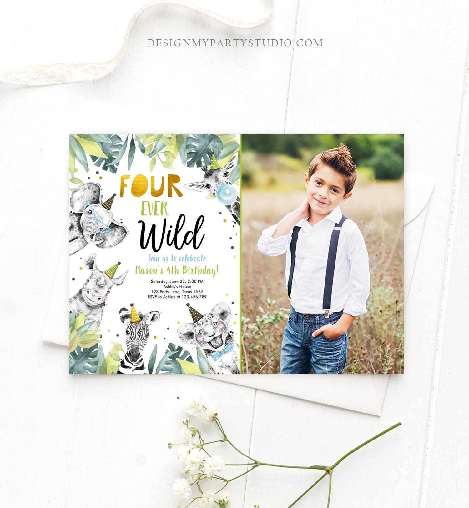 Editable Four Ever Wild Invitation Safari Animals Party Animals Boy Gold Fourth Birthday 4th Zoo Digital Download Template Printable 0322