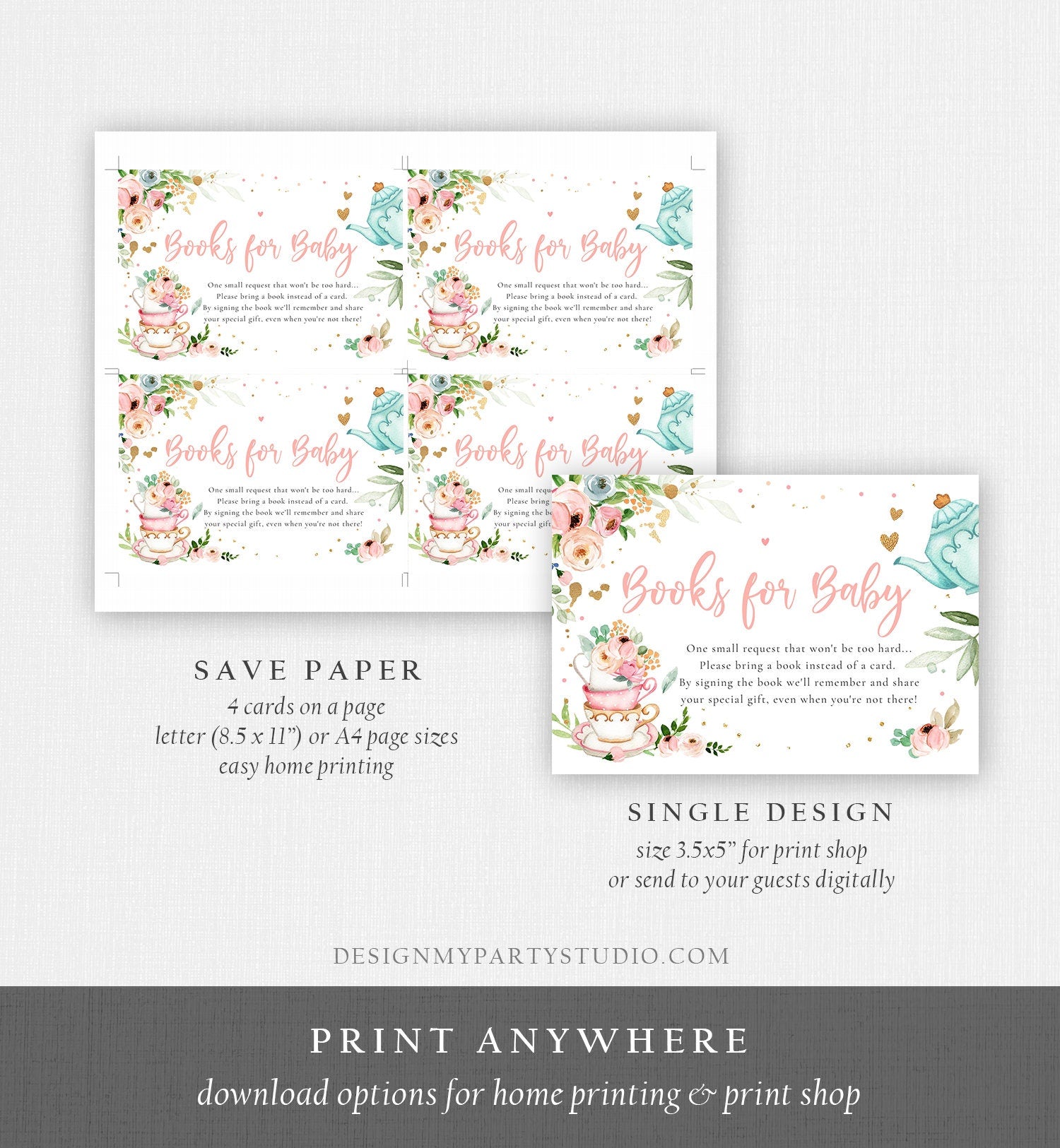 Editable Bring a Book Card Baby is Brewing Baby Shower Tea Party Book Insert Books for Baby Book Request Digital Template Printable 0349