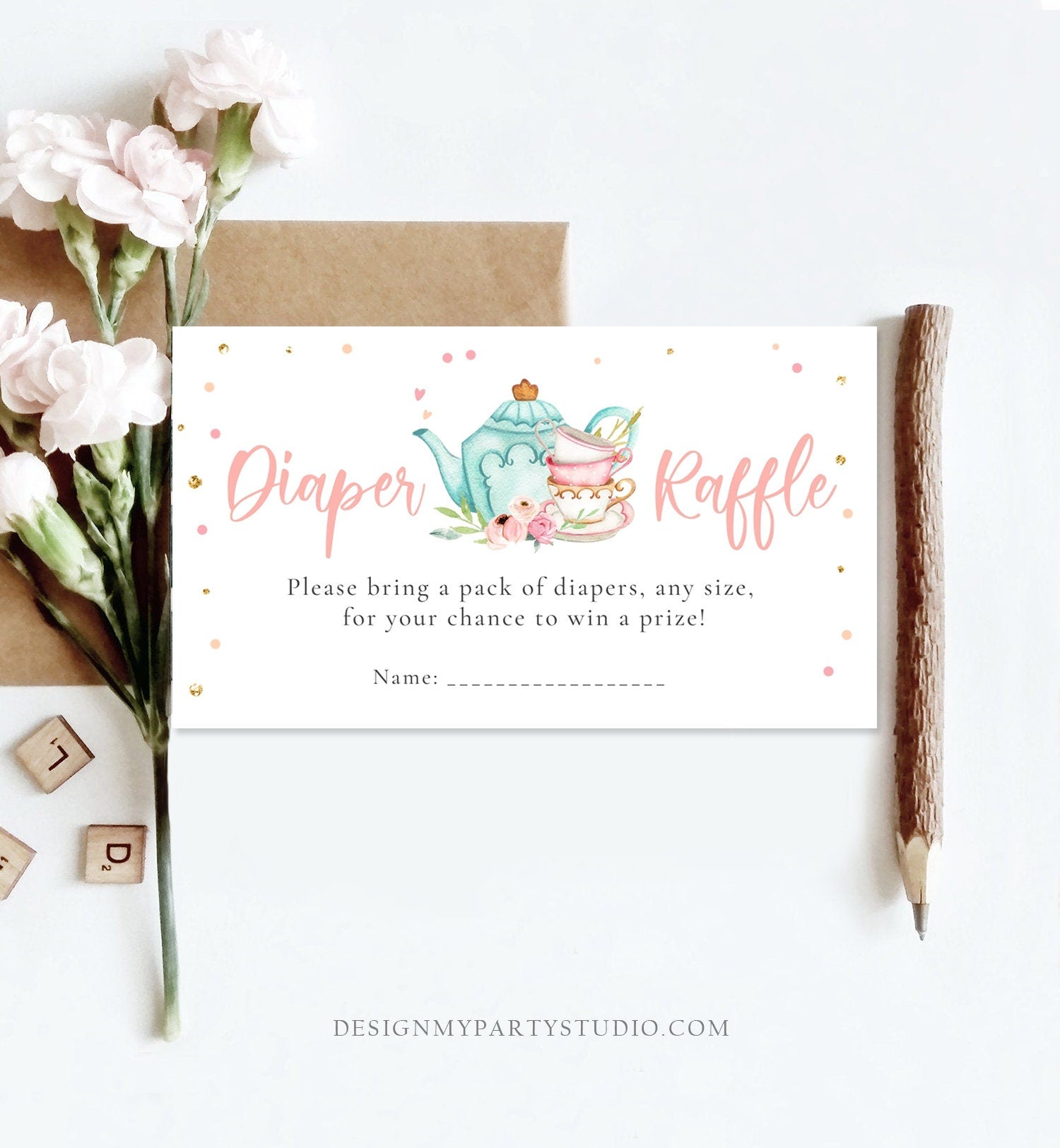 Editable Diaper Raffle Ticket Diaper Game Card Baby is Brewing Baby shower Tea Floral Brunch Pink Digital Download Template Printable 0349