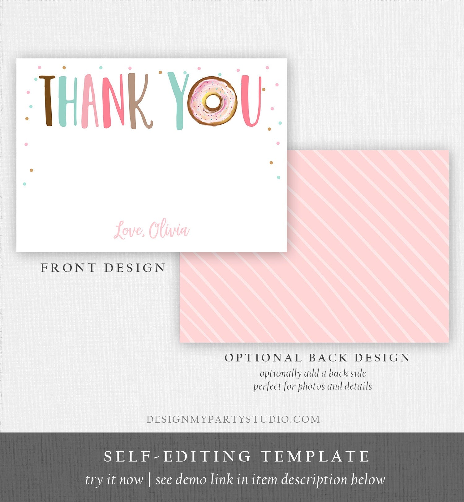 Editable Donut Thank You Card Note Pink Girl Birthday Party Doughnut Thank You Two Sweet One Baby Shower Digital Template Printable 0368