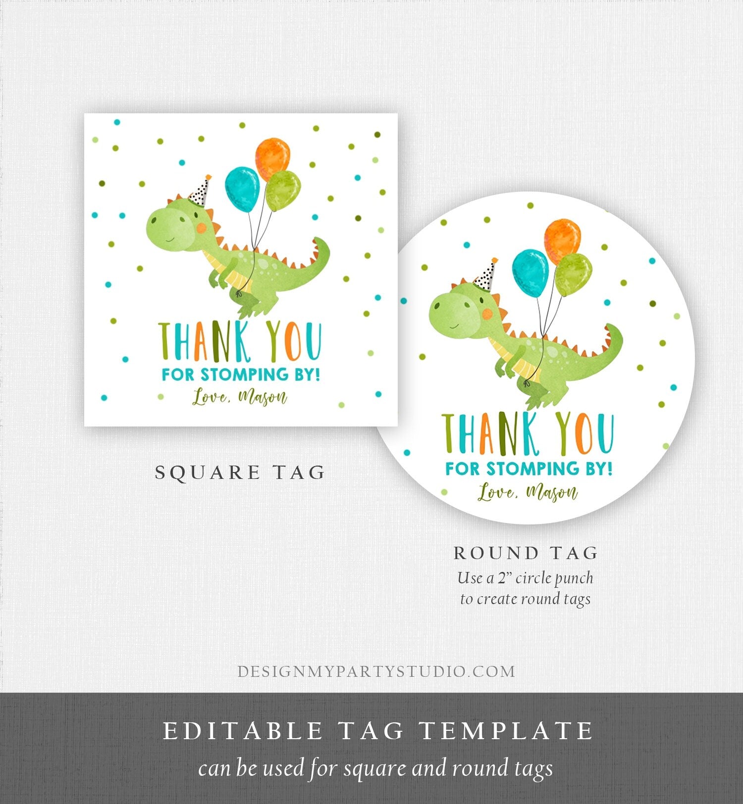Editable Dinosaur Favor Tag Drive By Birthday Favors Party Parade Dino Boy Sticker Thank You Gift Tags T-Rex Corjl Template Printable 0340