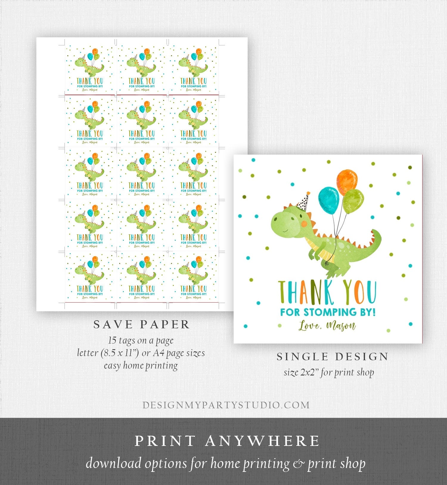 Editable Dinosaur Favor Tag Drive By Birthday Favors Party Parade Dino Boy Sticker Thank You Gift Tags T-Rex Corjl Template Printable 0340