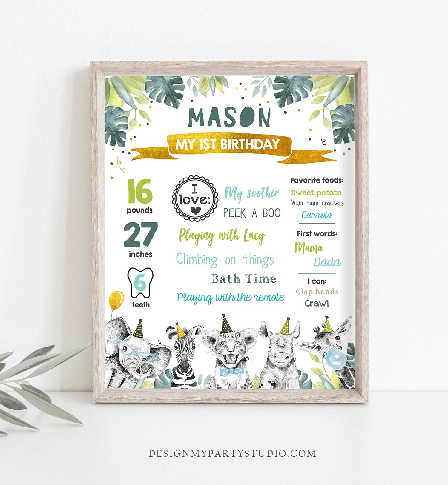 Editable Party Animals Birthday Milestone Sign Boy Gold Blue Green First Birthday 1st Safari Animals Wild Digital Template Printable 0322