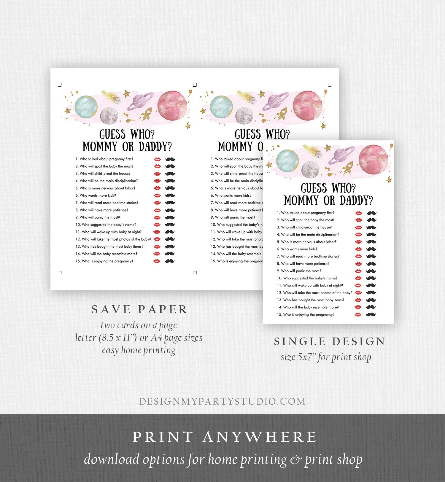 Editable Mommy or Daddy Baby Shower Game Guess Who Outer Space Planets Houston We Have a Girl Activity Digital Template Printable 0357