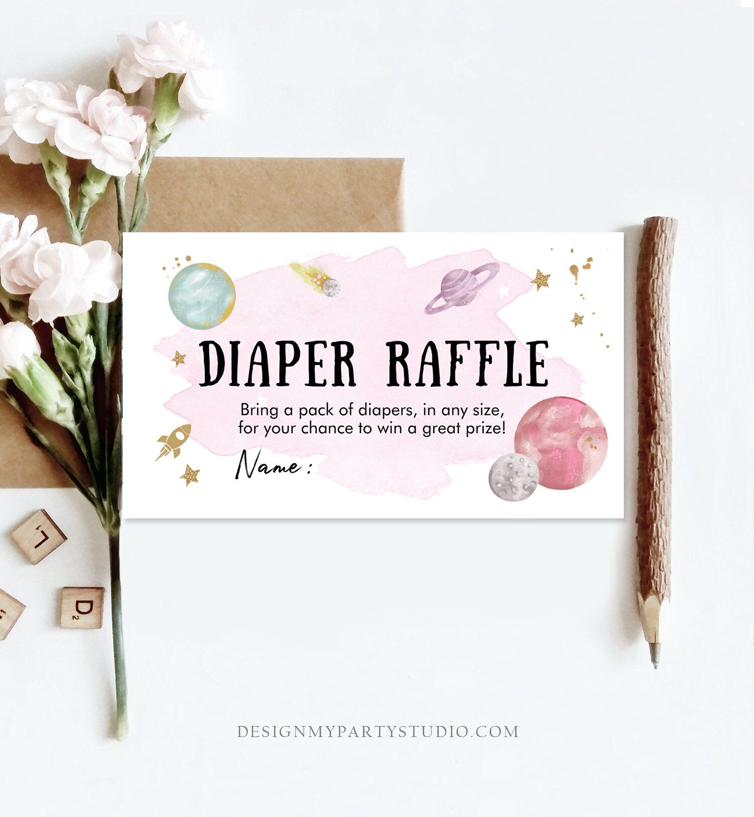 Editable Outer Space Diaper Raffle Ticket Space Baby Shower Girl Astronaut Planets Galaxy Registry Diaper Digital Template Printable 0357