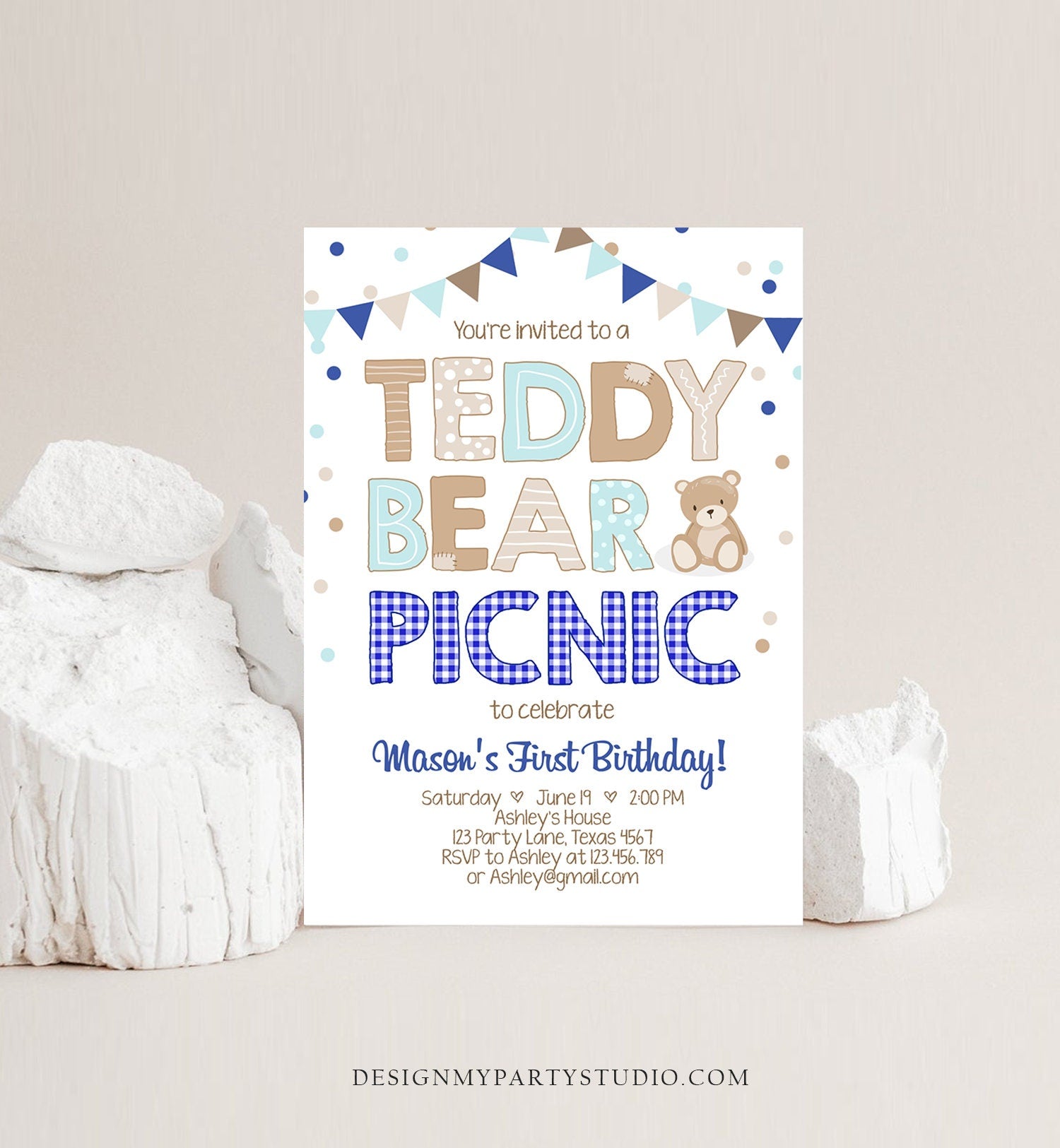 Editable Teddy Bear Picnic Birthday Invitation Boy Navy Blue Gingham Bear Picnic Outdoor First Birthday Digital Corjl Template 0100