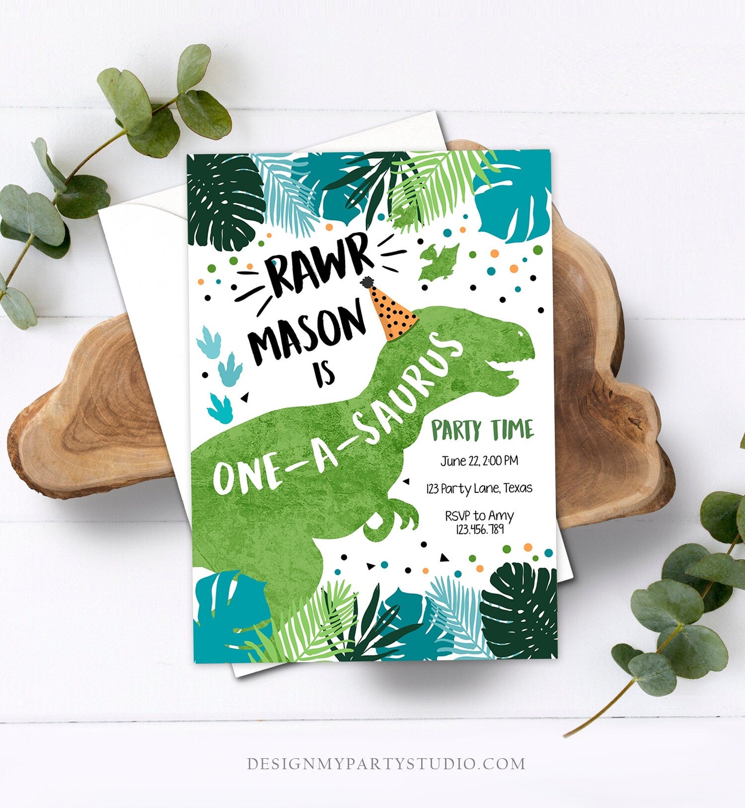 Editable One-A-Saurus Dinosaur Birthday Invitation Dino T-Rex Boy First 1st RAWR ROAR Green Prehistoric Digital Template Printable 0389