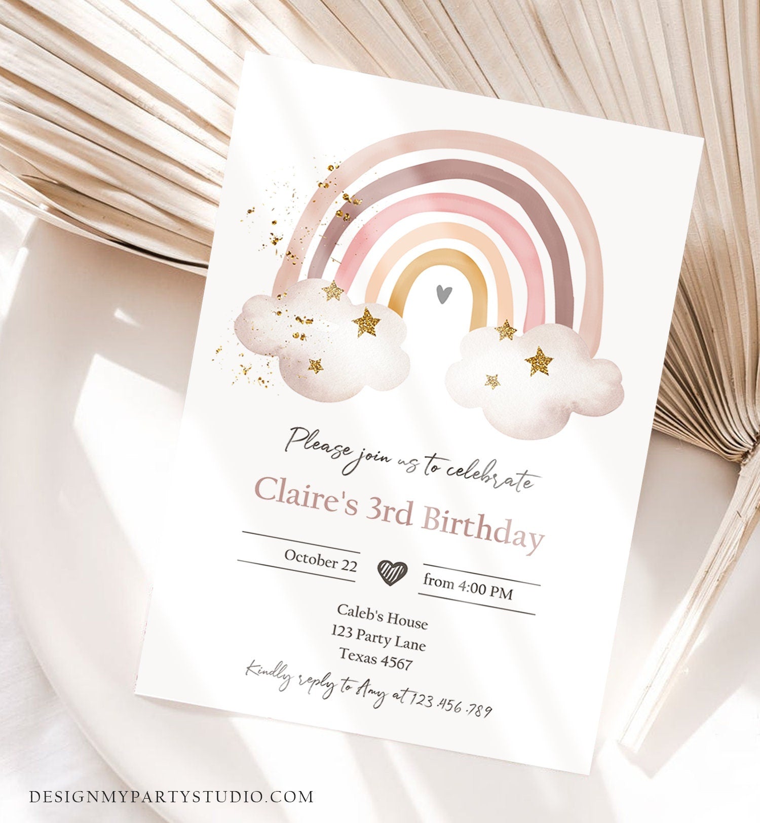 Editable Rainbow Birthday Invitation Rustic Boho Magical Rainbow Pastel 1st Girls Party Digital Download Evite Template Printable 0387