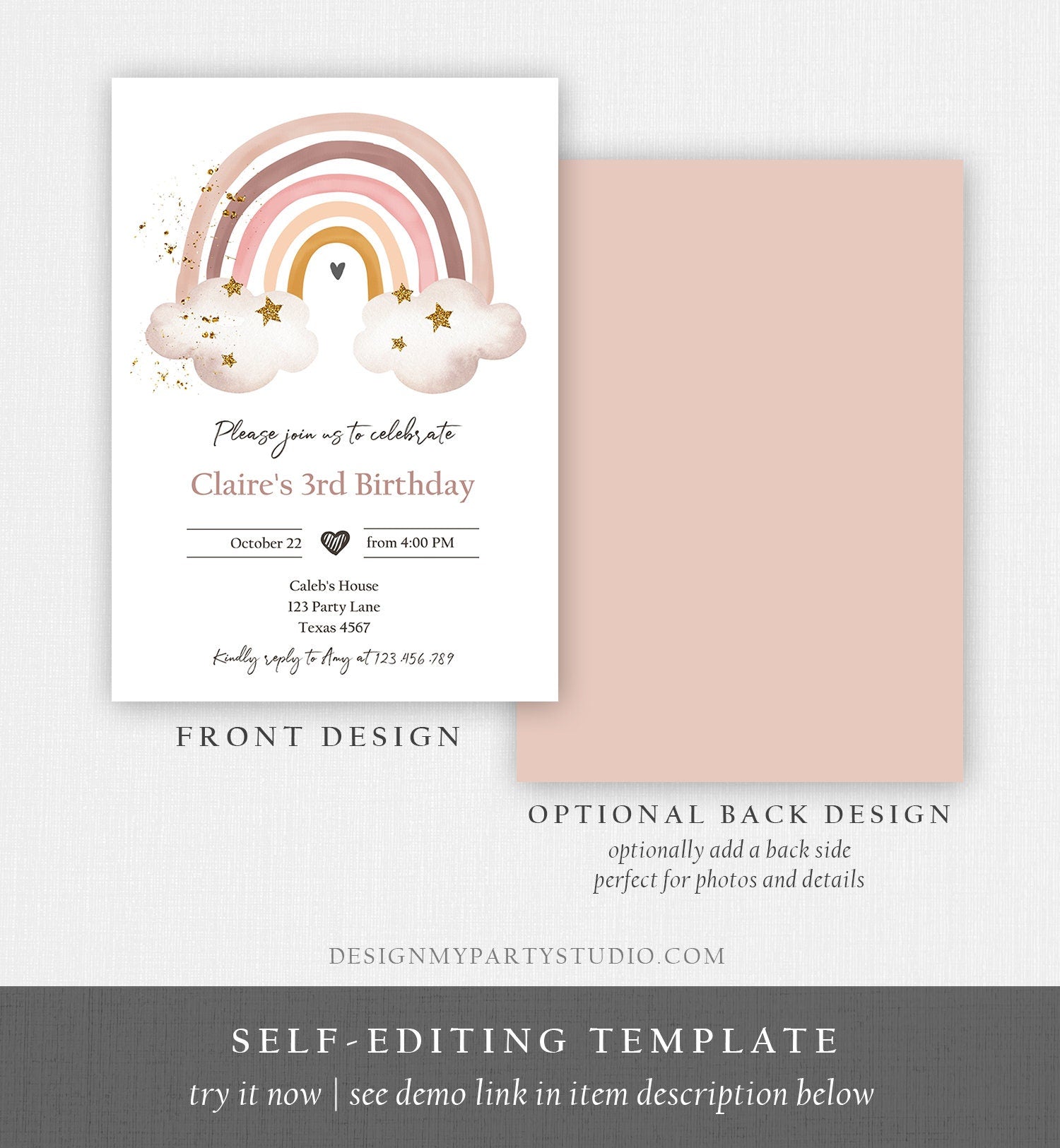 Editable Rainbow Birthday Invitation Rustic Boho Magical Rainbow Pastel 1st Girls Party Digital Download Evite Template Printable 0387
