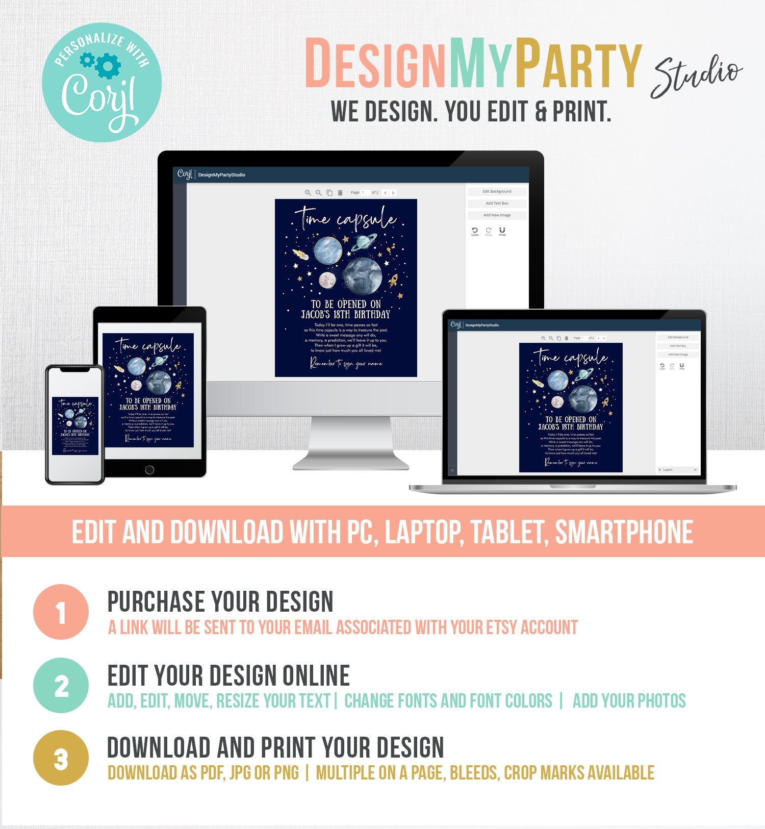 Editable Outer Space Time Capsule First Birthday Party Astronaut Rocket Birthday Moon Planets Guestbook Digital Template Printable 0357