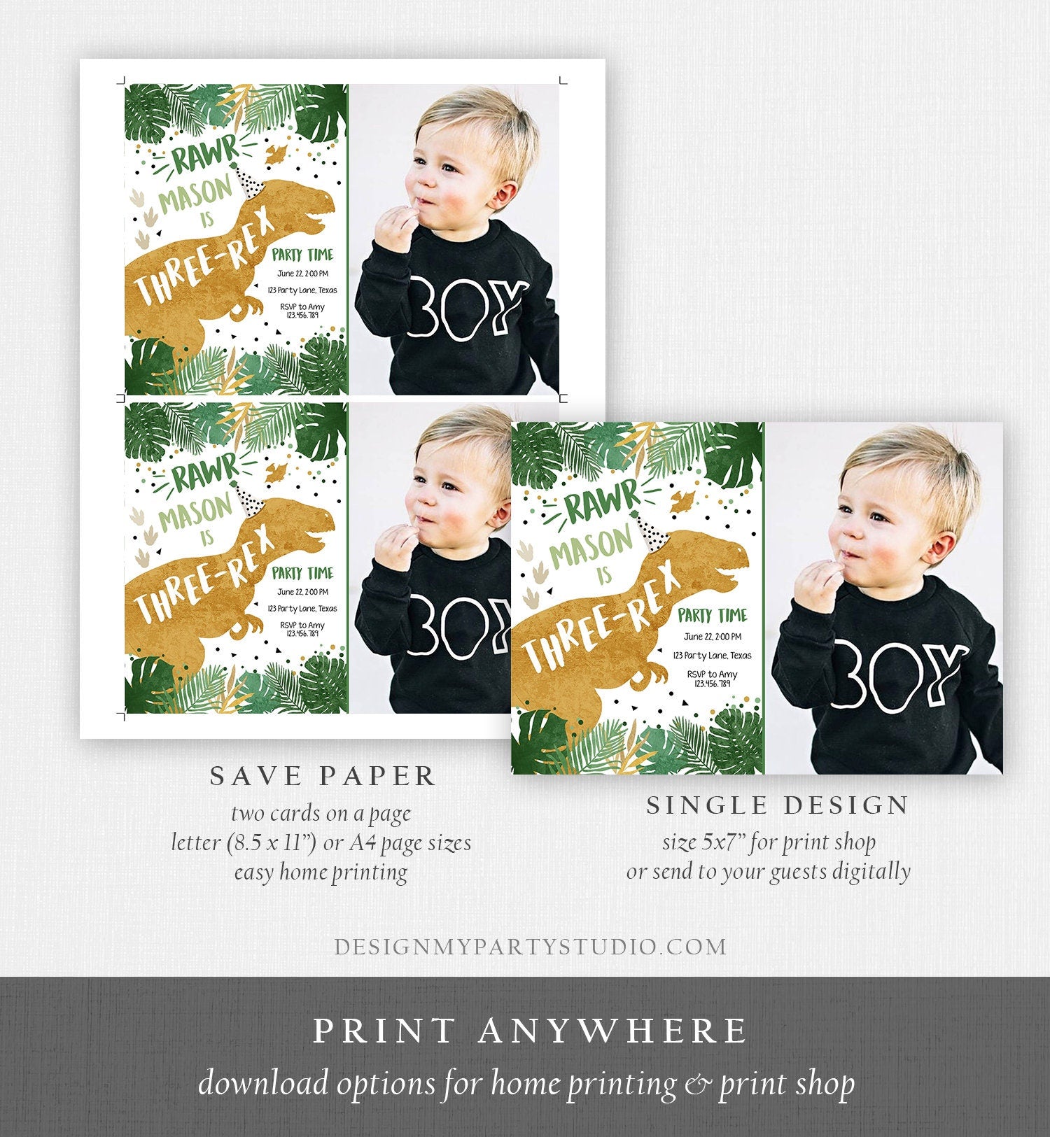 Editable Three-Rex Dinosaur Birthday Invitation Dino T-Rex Third Birthday 3rd RAWR ROAR Boy Gold Prehistoric Digital Template Printable 0146