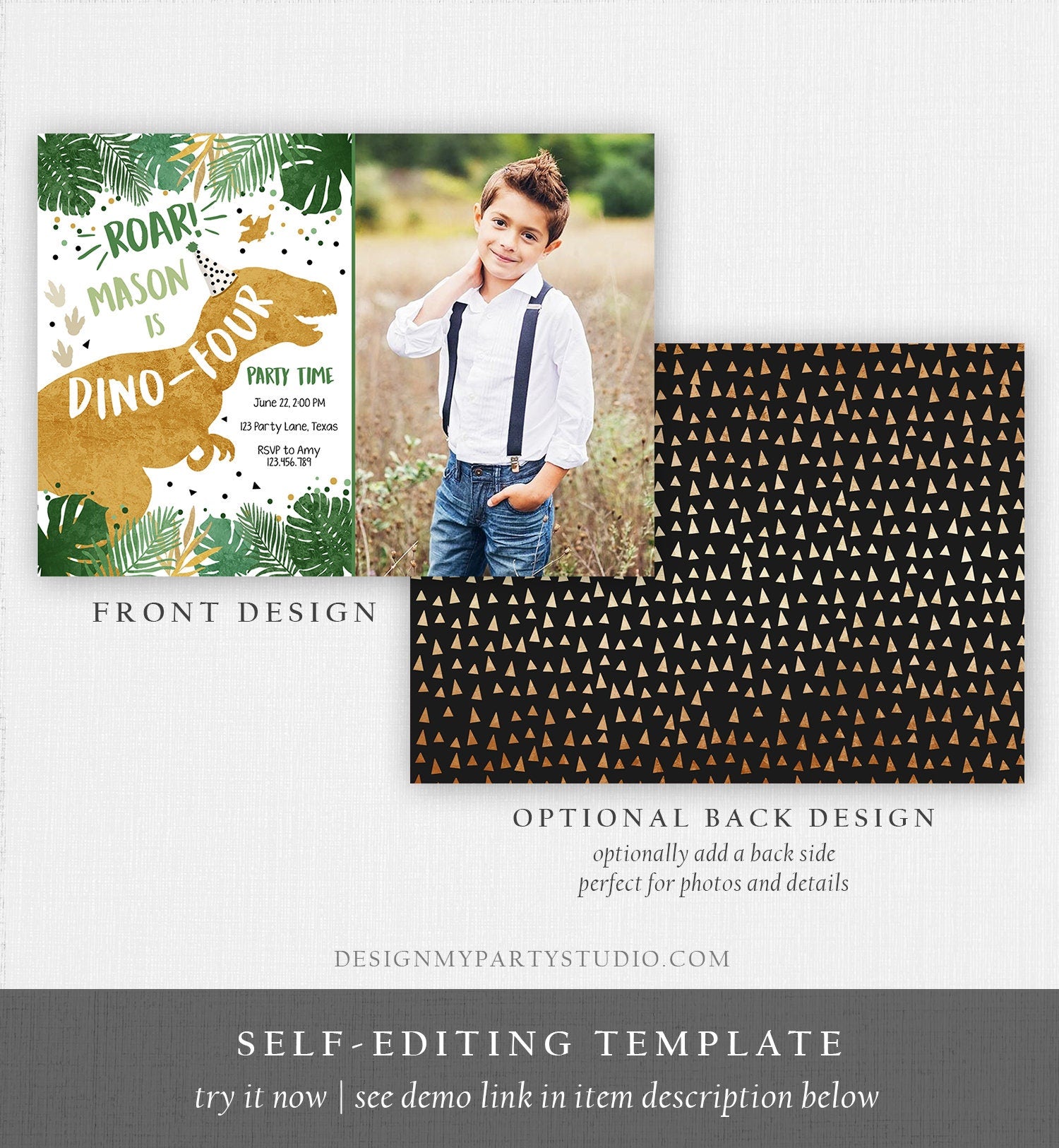 Editable Dino-Four Dinosaur Birthday Invitation Dino T-Rex Boy Fourth Birthday 4th RAWR ROAR Green Gold Corjl Template Printable 0146