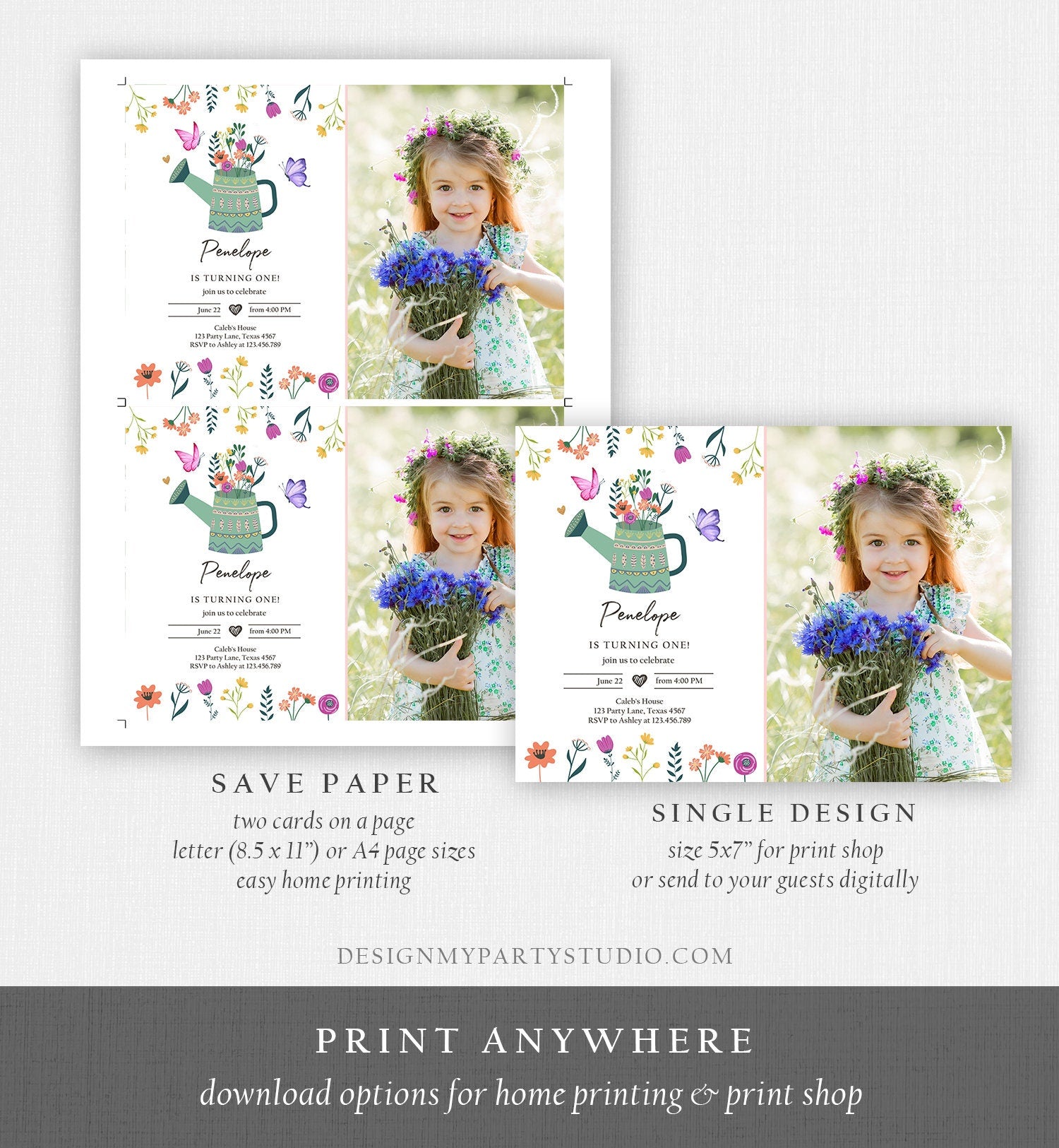 Editable Wildflowers Birthday Invitation Wild Flowers Girl First Birthday Garden Birthday Party Download Evite Template Printable 0396