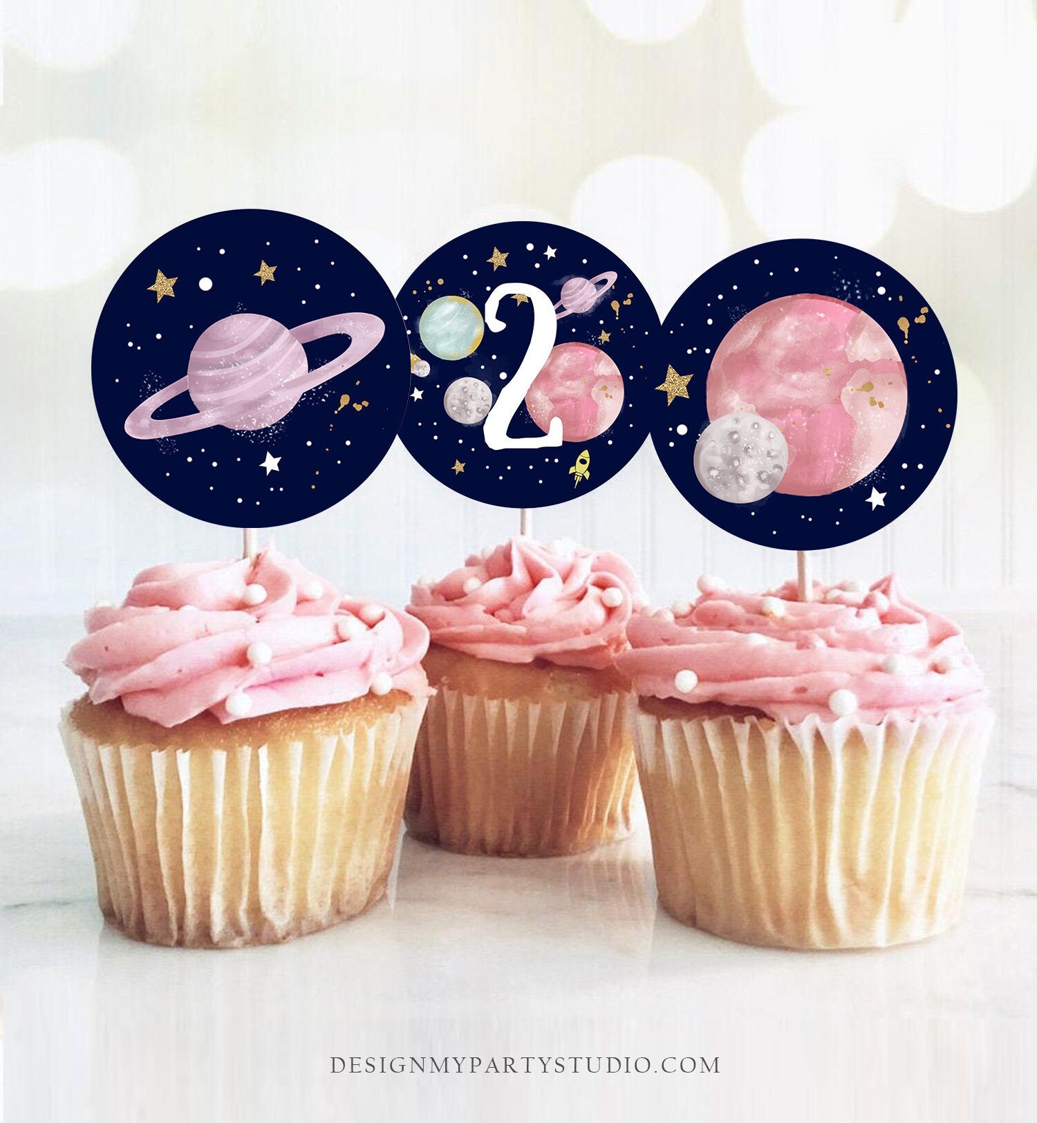 Outer Space Birthday Cupcake Toppers Two the Moon Birthday Favor Tags Space 2nd Birthday Planets Galaxy Girl Pink Digital PRINTABLE 0357