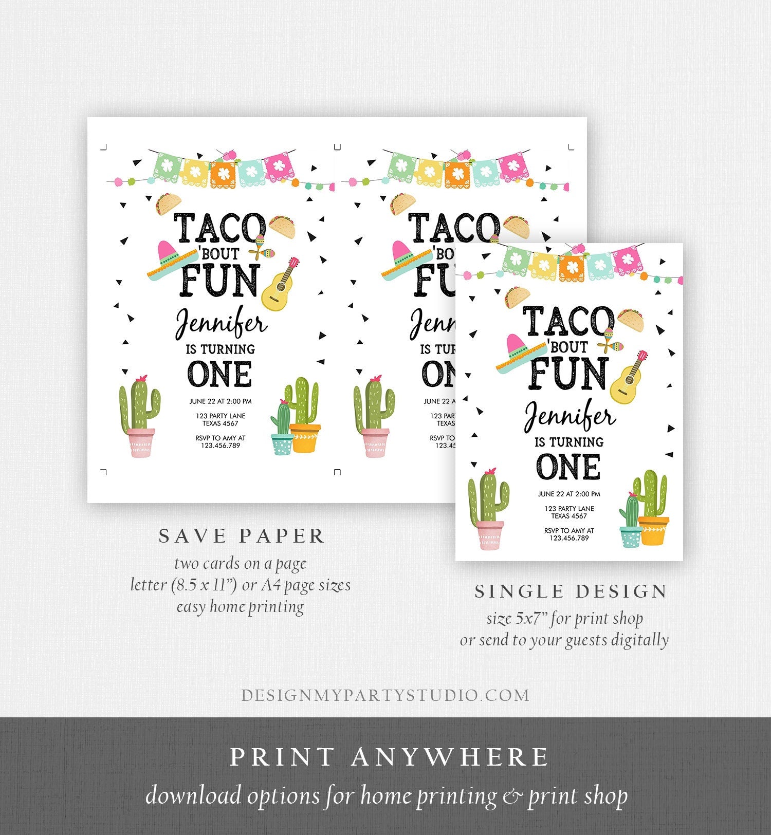 Editable Taco Bout Fun Birthday Invitation Girl First Fiesta Birthday Cactus Sombrero Pink Instant Download Printable Template Corjl 0161