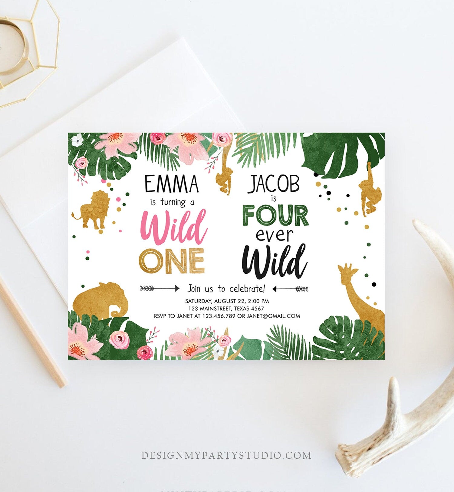 Editable Wild One Birthday Invitation Four Ever Wild Boy Girl Safari Animals Jungle Gold Joint Dual Combined Corjl Template Printable 0016