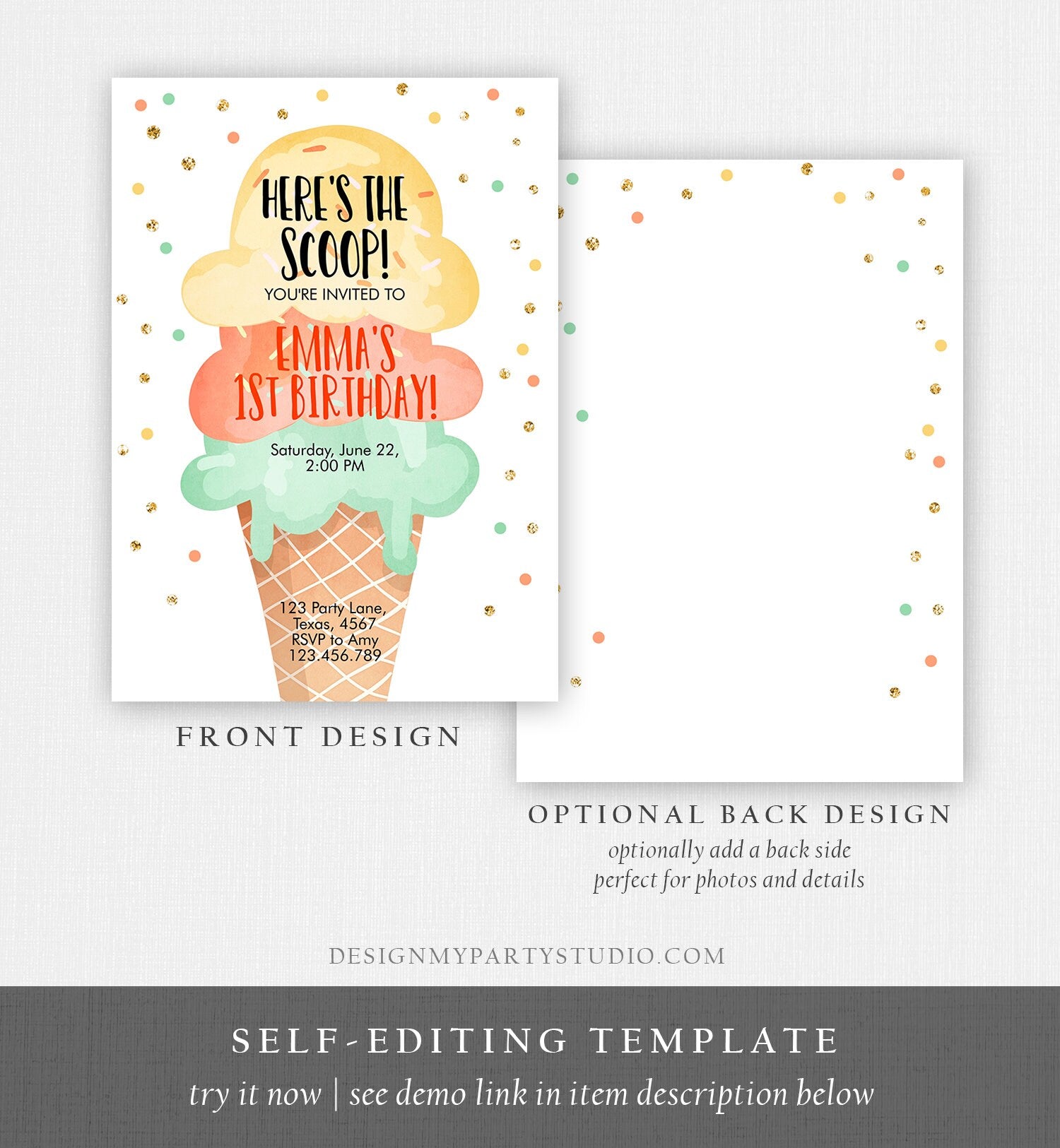 Editable Ice Cream Birthday Invitation First Birthday Party Here's the Scoop Cone Yellow Orange Mint Gold Printable Template Corjl 0243