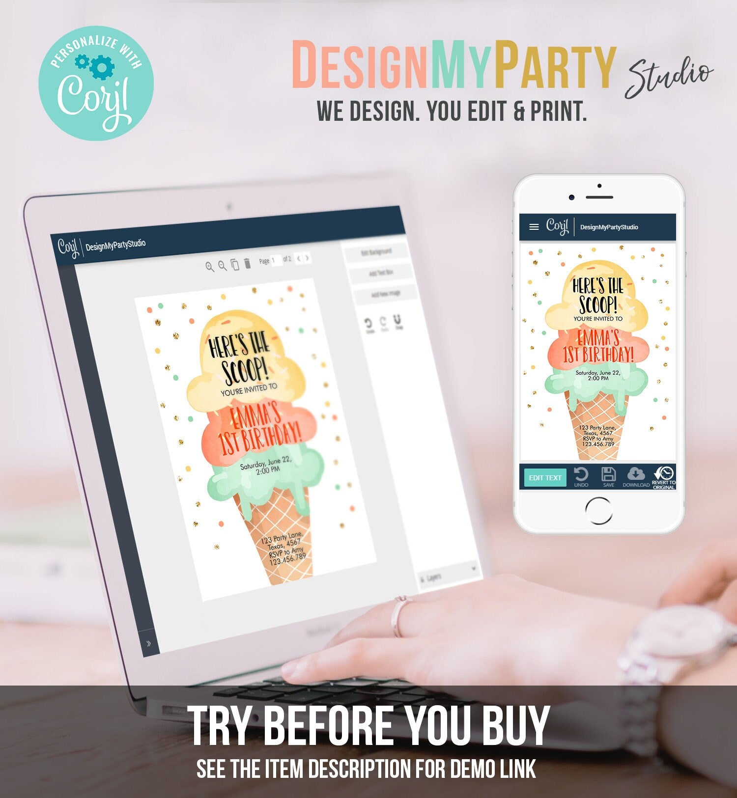 Editable Ice Cream Birthday Invitation First Birthday Party Here's the Scoop Cone Yellow Orange Mint Gold Printable Template Corjl 0243