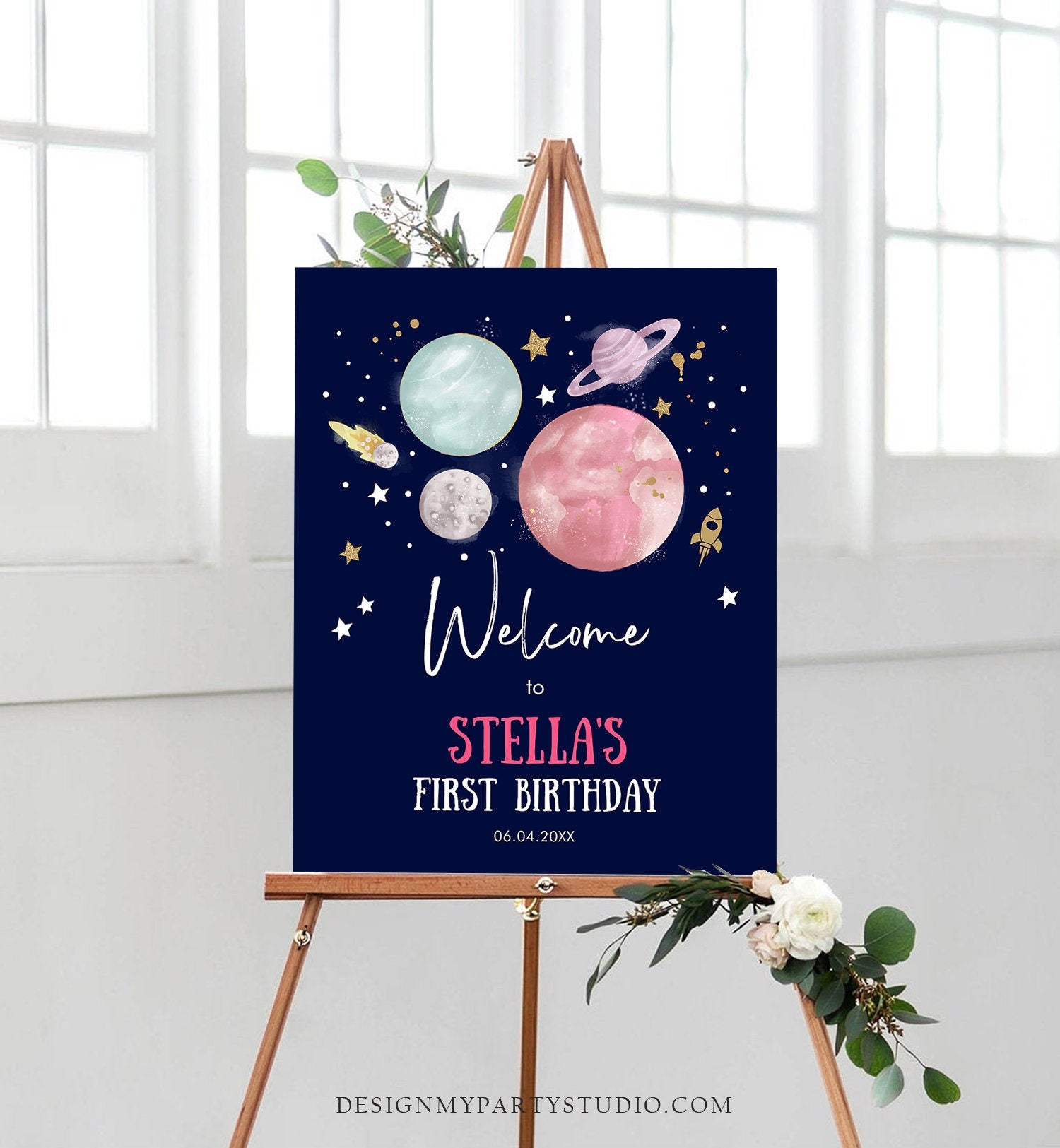 Editable Outer Space Birthday Welcome Sign 1st Birthday Girl Galaxy Planets Trip Around the Sun Astronaut Digital Template Printable 0357