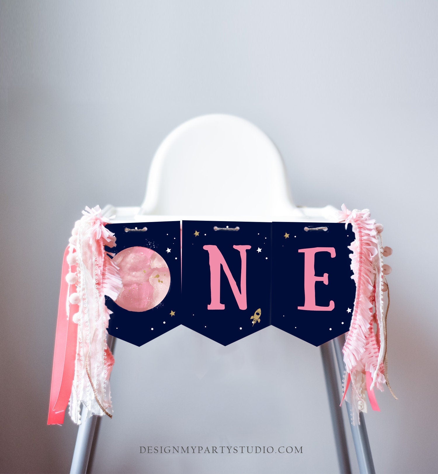 Outer Space Planets High Chair Banner Galaxy Girl 1st First Birthday Pink High Chair Banner ONE Space Party Decor Digital Printable 0357