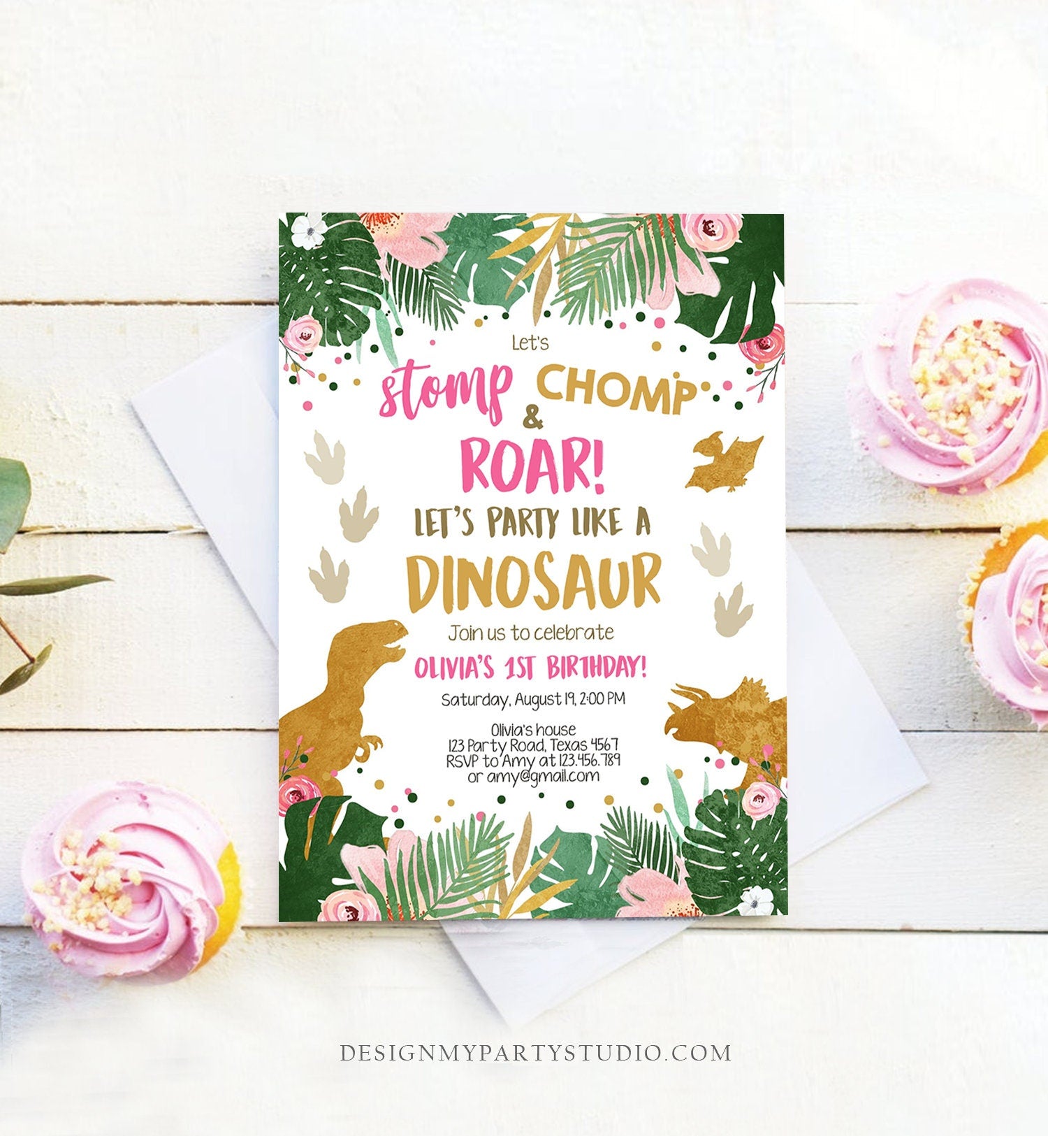 Editable Gold Dinosaur Birthday Invitation ANY AGE Dino Party T-Rex Prehistoric Rawr Girl Pink Gold Download Printable Corjl Template 0146
