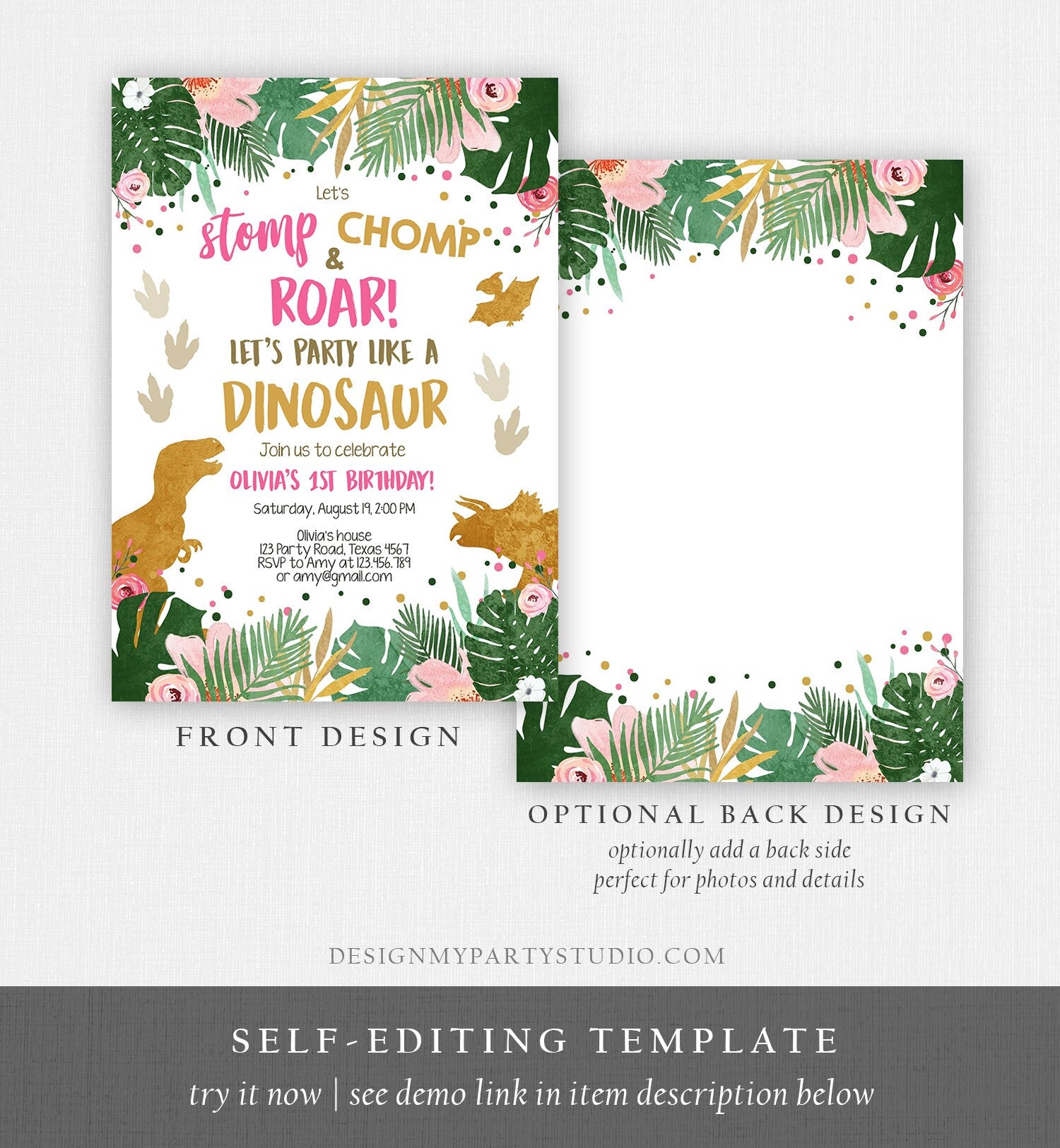 Editable Gold Dinosaur Birthday Invitation ANY AGE Dino Party T-Rex Prehistoric Rawr Girl Pink Gold Download Printable Corjl Template 0146