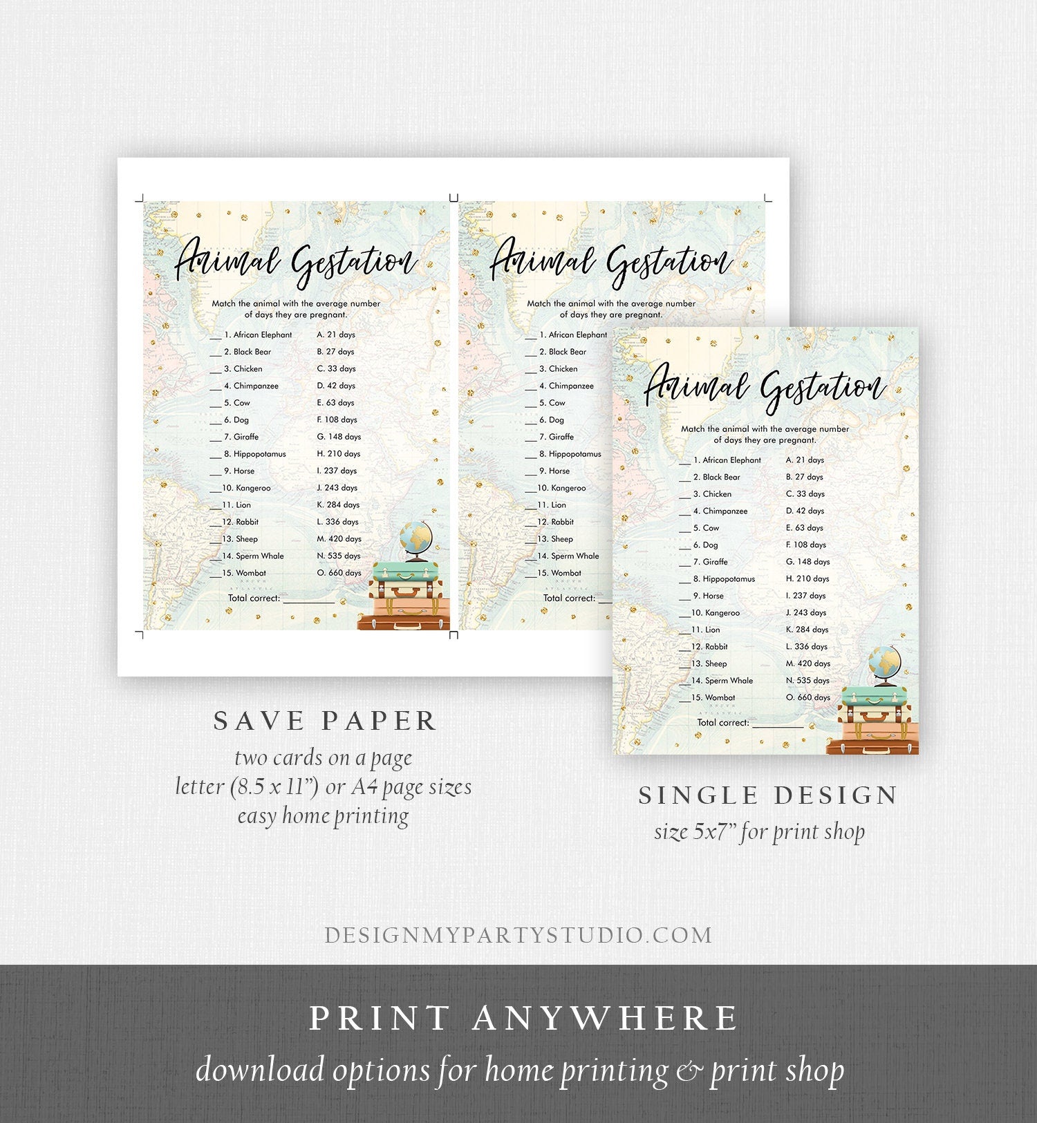 Editable Animal Gestation Baby Shower Game Card Travel Adventure Journey Animal Pregnancy Activity Digital Download Template Printable 0263