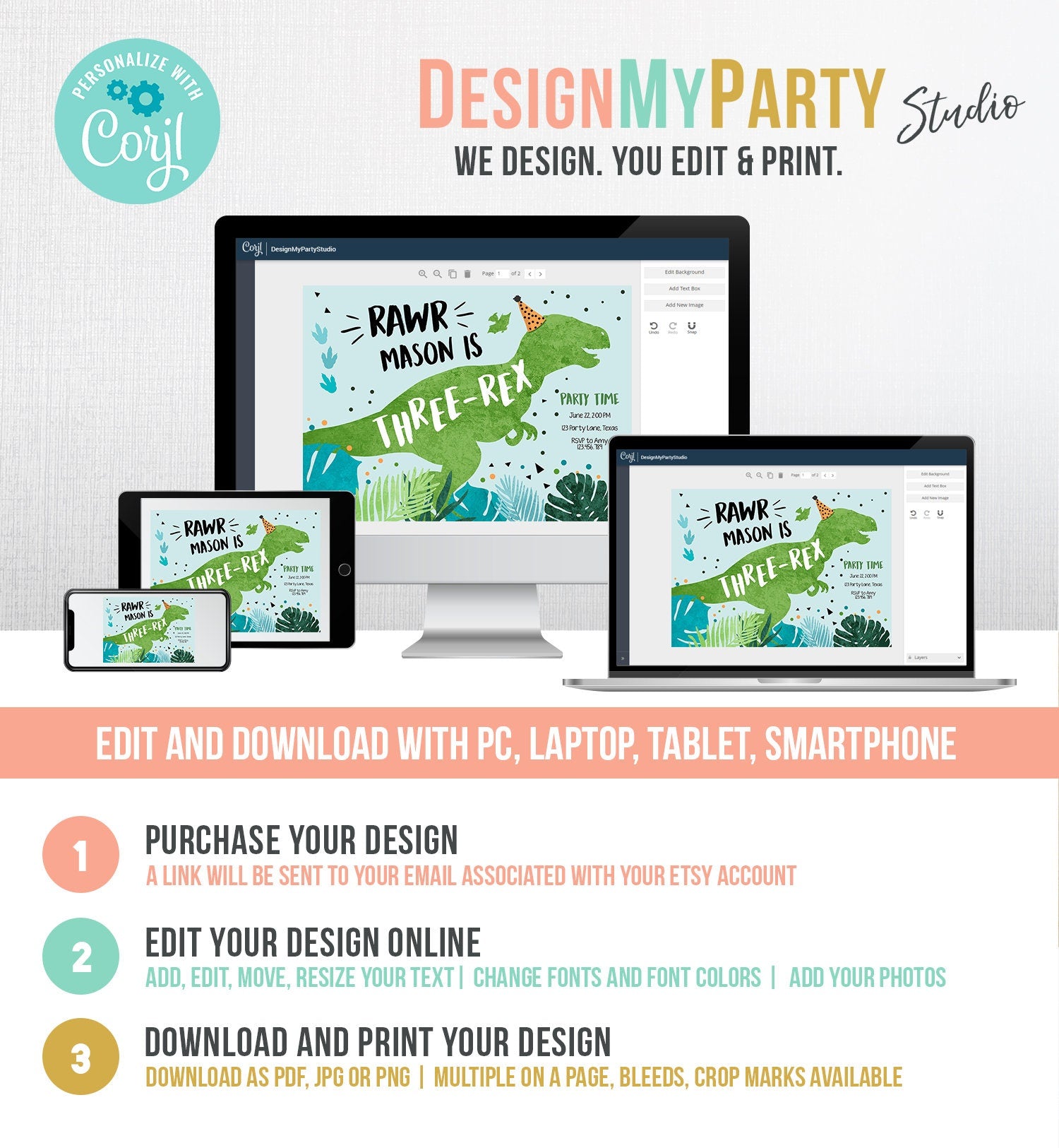 Editable Three-Rex Dinosaur Birthday Invitation Dino T-Rex Third Birthday 3rd ROAR RAWR Boy Prehistoric Digital Template Printable 0389