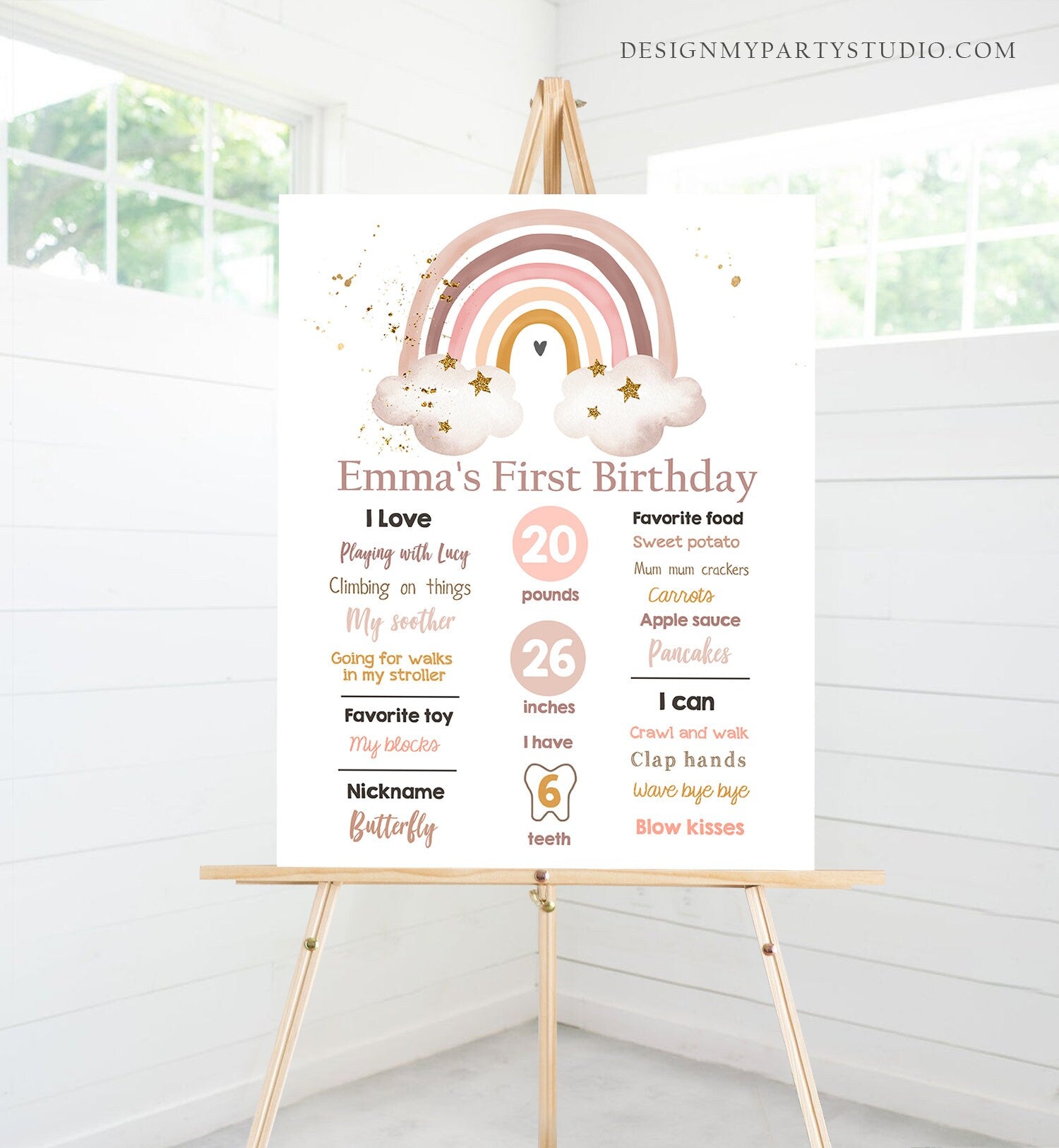 Editable Boho Rainbow Birthday Milestones Sign Girl First Birthday Modern Infographic Decor Digital Download Template Printable 0387