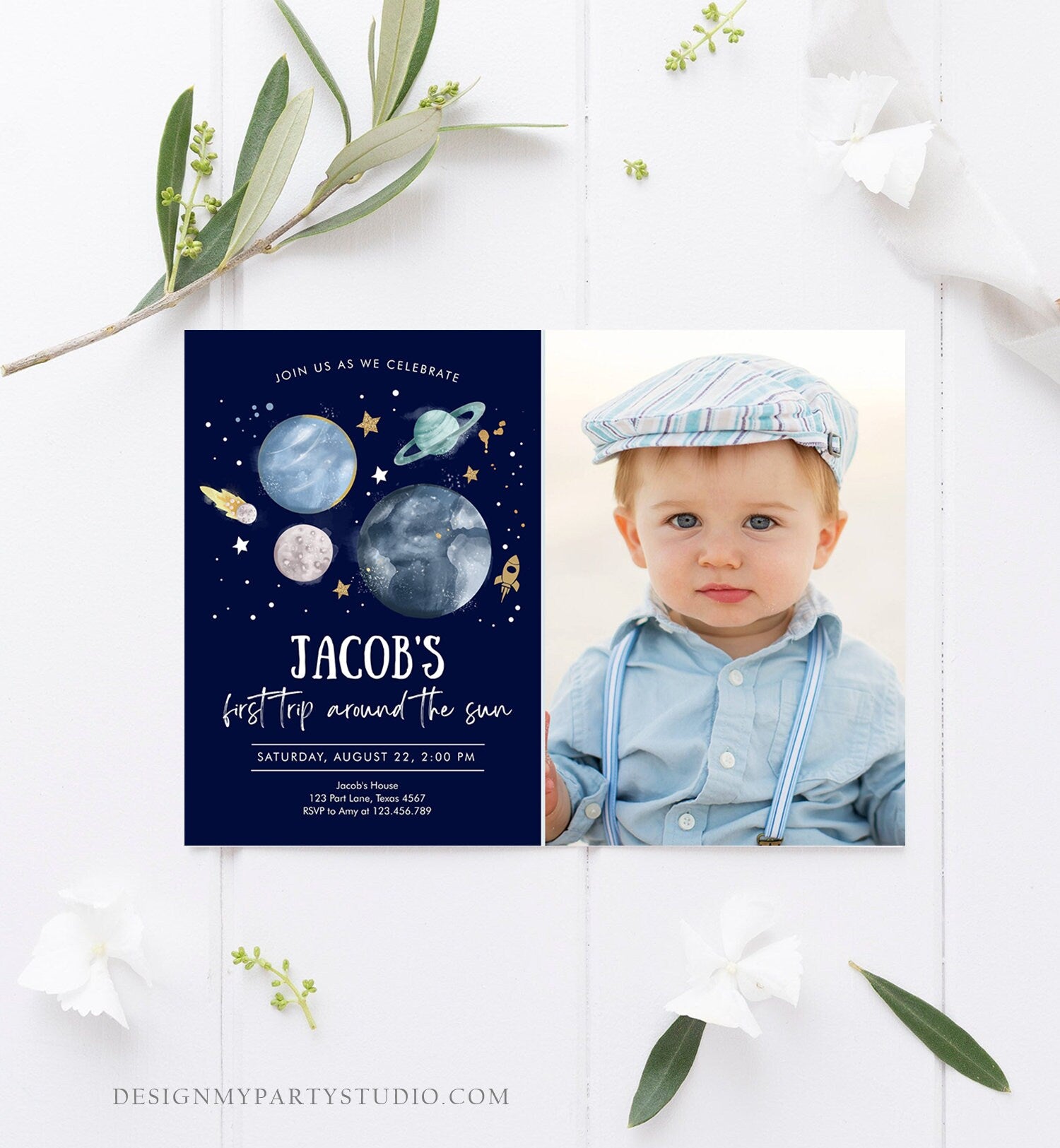 Editable Outer Space First Birthday Invitation Galaxy Blast Off First Trip Around the Sun Download Printable Template Digital Corjl 0357