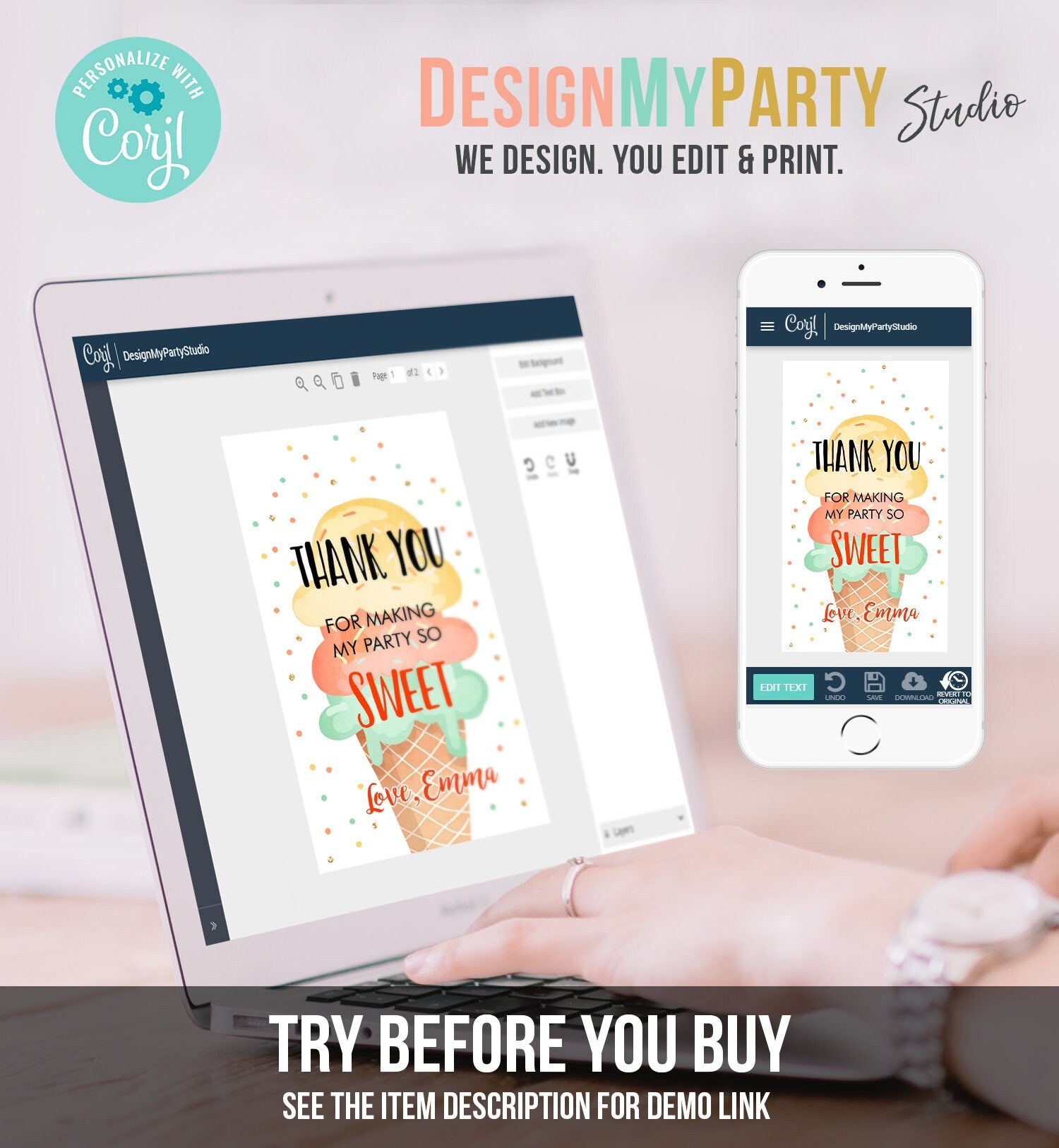 Editable Ice Cream Favor Thank You Tags Ice Cream Birthday Party Girl Yellow Mint Gift Goodie Bag Labels Digital Template Printable 0243