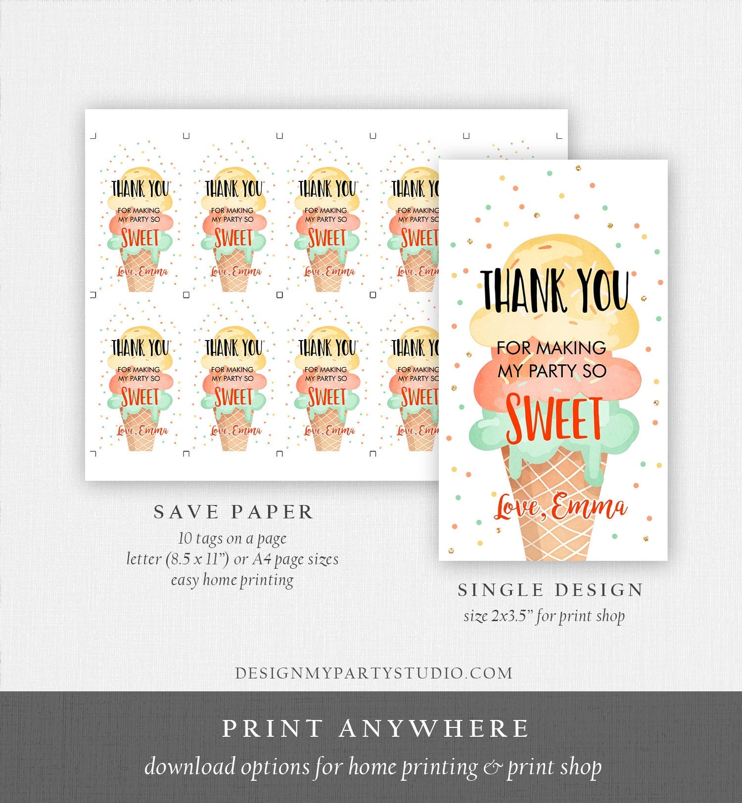 Editable Ice Cream Favor Thank You Tags Ice Cream Birthday Party Girl Yellow Mint Gift Goodie Bag Labels Digital Template Printable 0243