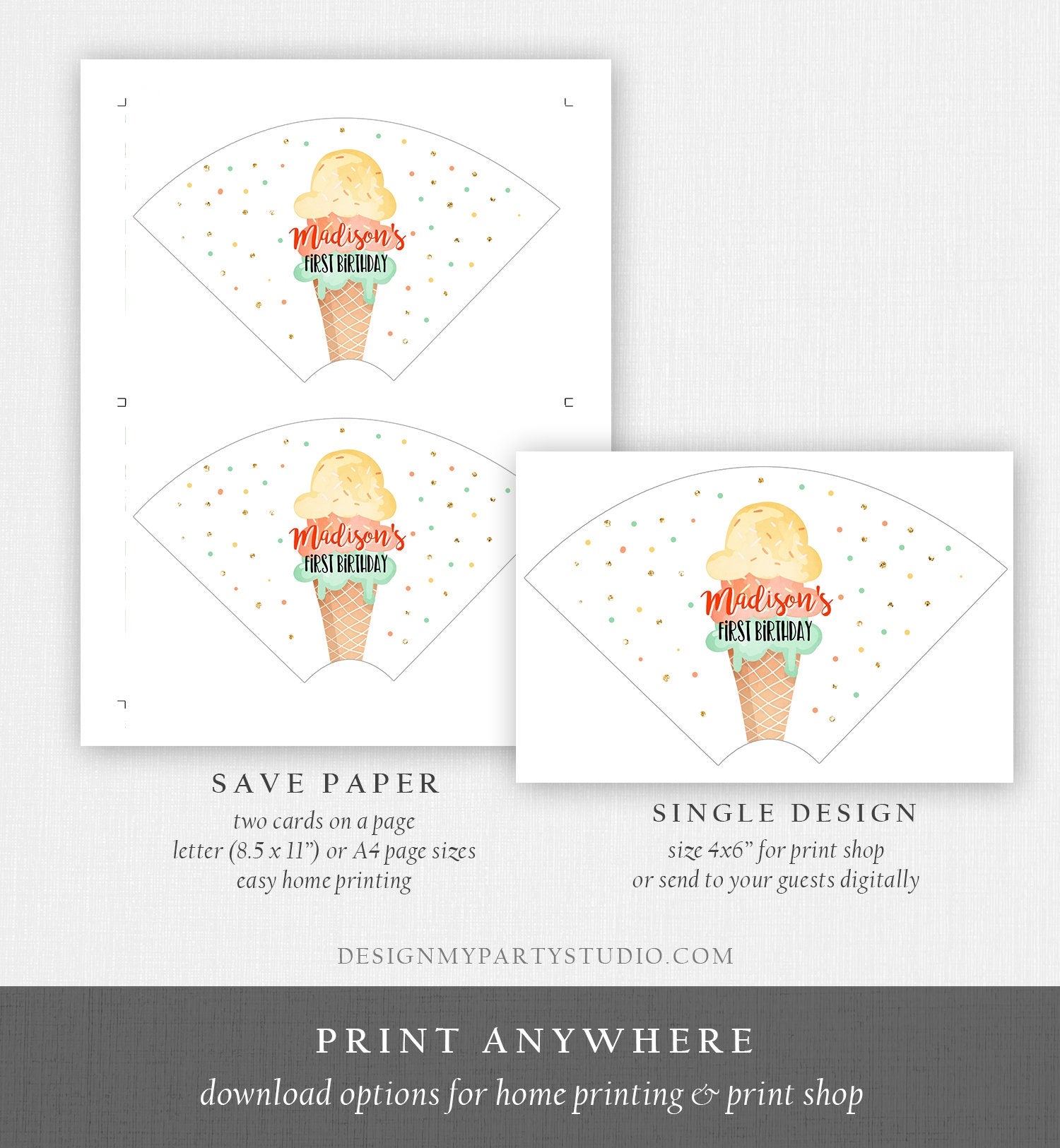 Editable Ice Cream Cone Wrapper Ice Cream Label Ice Cream Birthday Girl Mint Ice Cream Social Cone Wrapper Digital Template Printable 0243