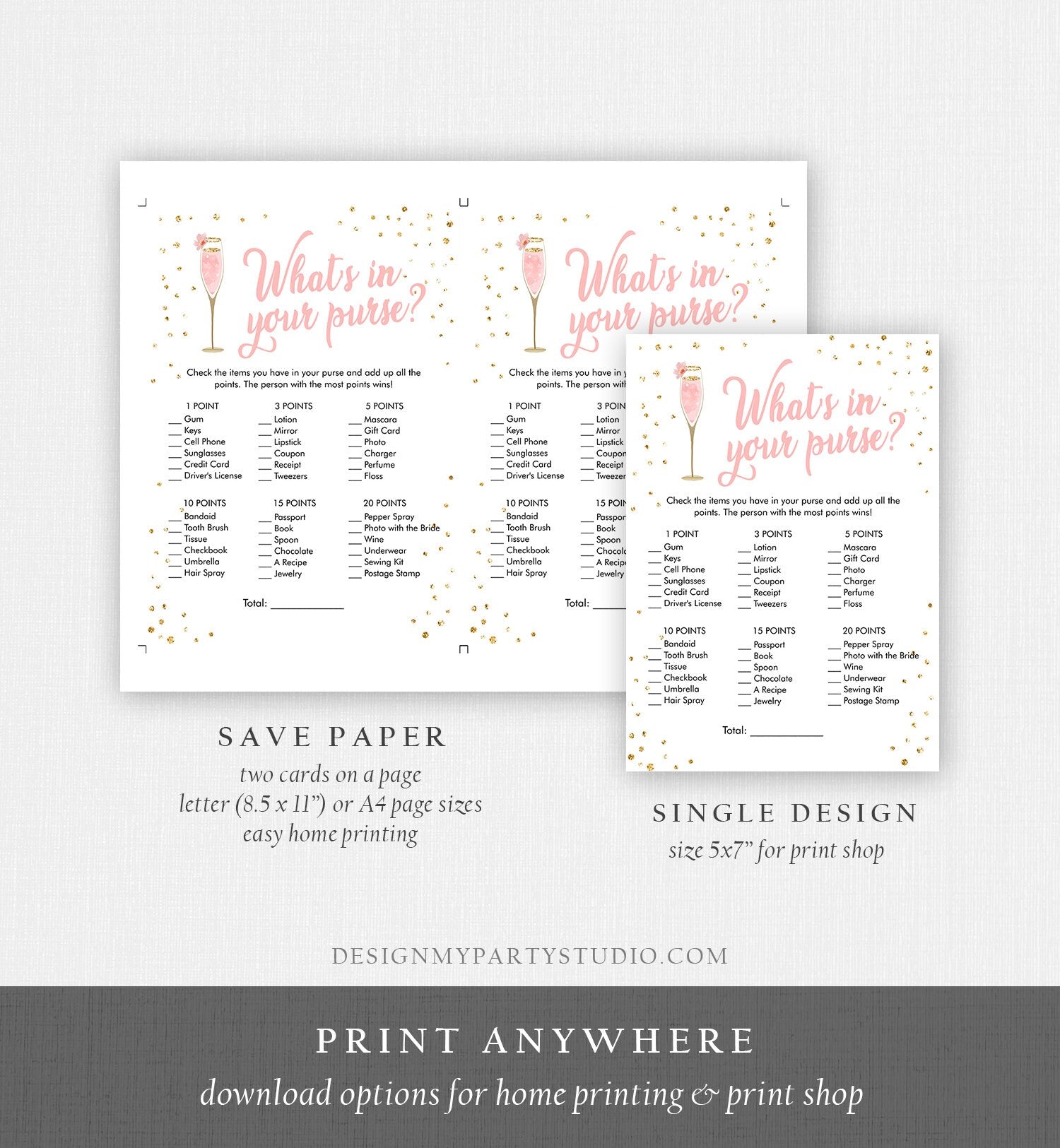 Editable What's In Your Purse Bridal Shower Game Brunch and Bubbly Whats in Purse Wedding Activity Gold Digital Template Printable 0150