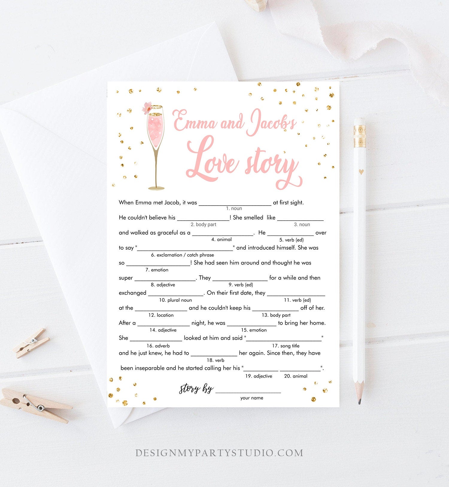 Editable Brunch and Bubbly Bridal Shower Game Bundle Pink Gold Champagne Glass Wine Wedding Activity Gold Corjl Template Printable 0150