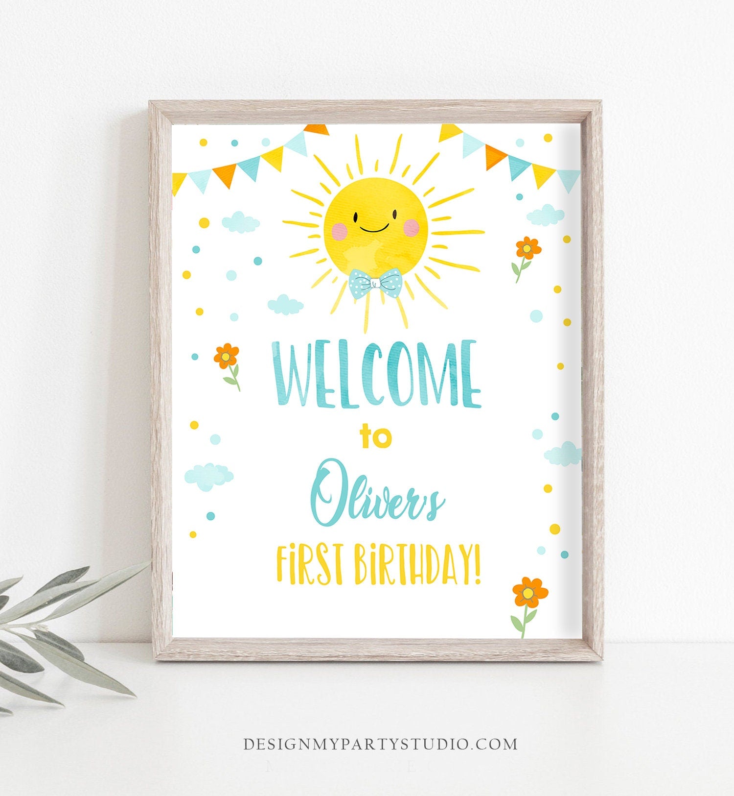Editable Sunshine Welcome Sign Little Sunshine Birthday Party Blue Boy Around the Sun Lemonade Stand Summer Digital Template Printable 0141