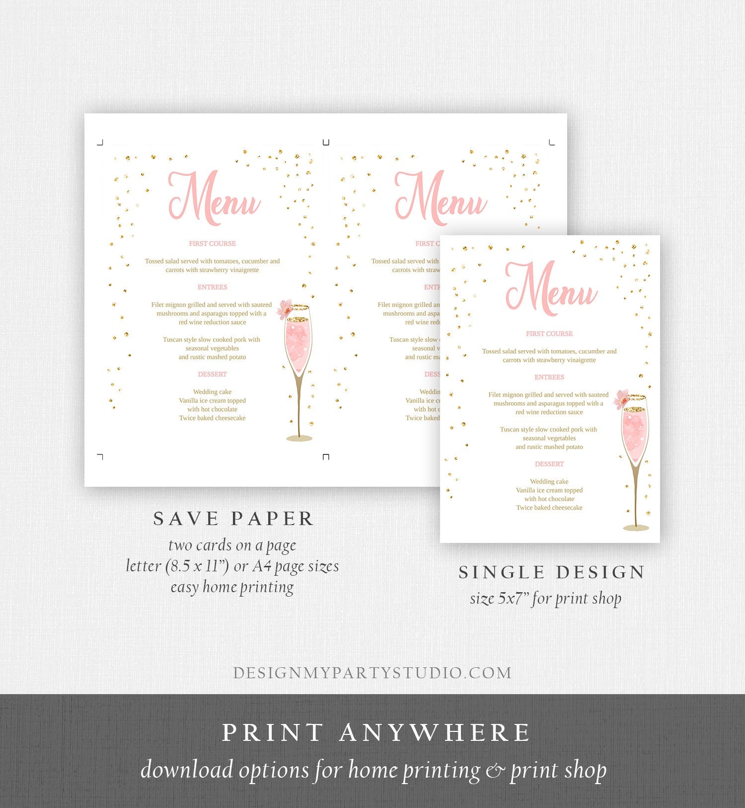 Editable Brunch and Bubbly Menu Card Bridal Shower Pink Champagne Gold Confetti Wedding Menu Floral Digital Download Template Printable 0150