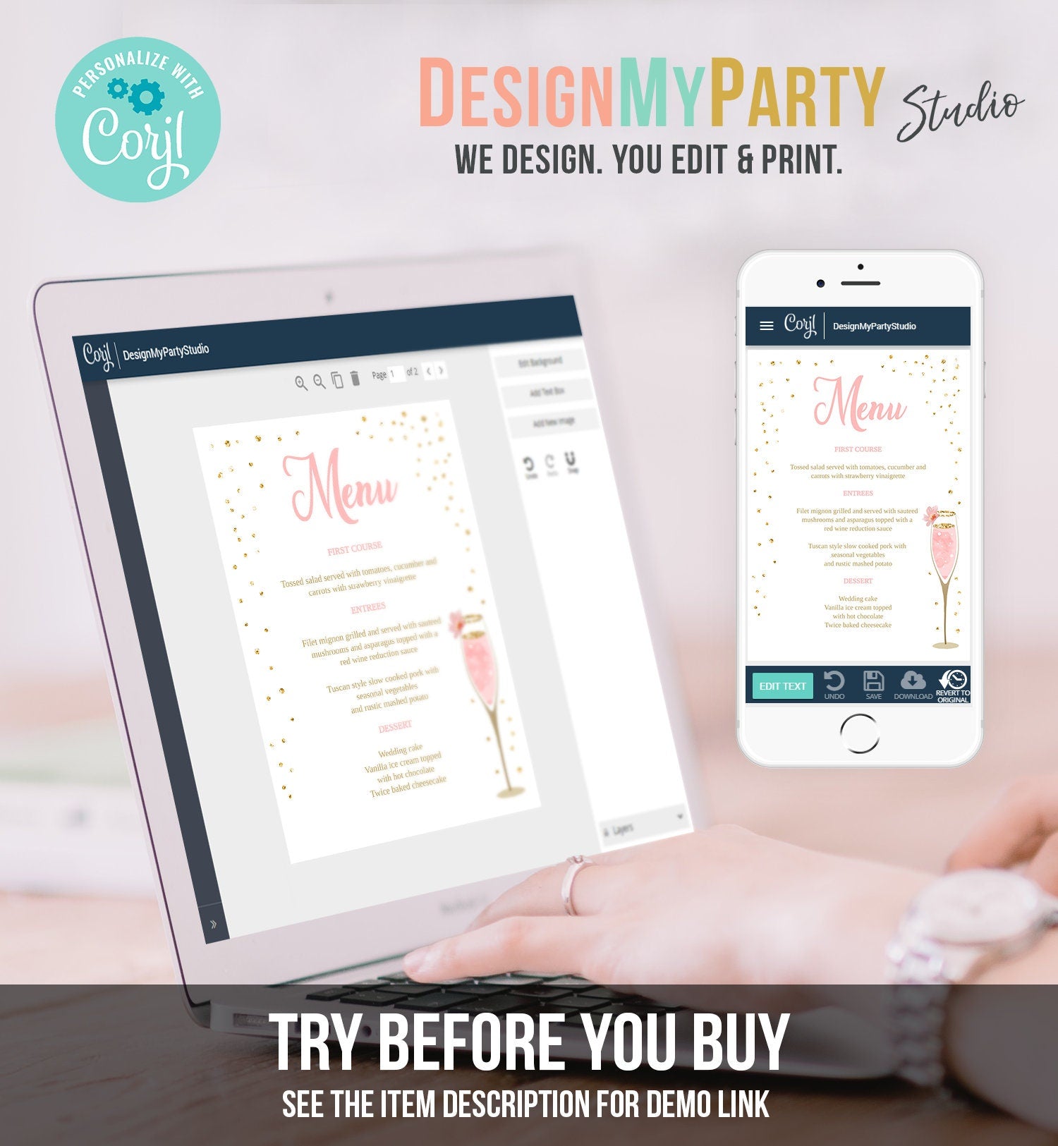 Editable Brunch and Bubbly Menu Card Bridal Shower Pink Champagne Gold Confetti Wedding Menu Floral Digital Download Template Printable 0150