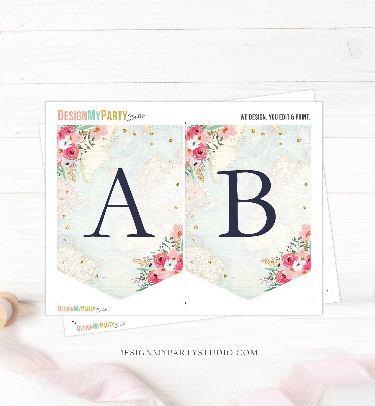 Traveling A-Z Banner Bridal Shower Travel Adventure Baby Shower Numbers Pink Floral Gold Banner Decor Instant Download Printable 0030