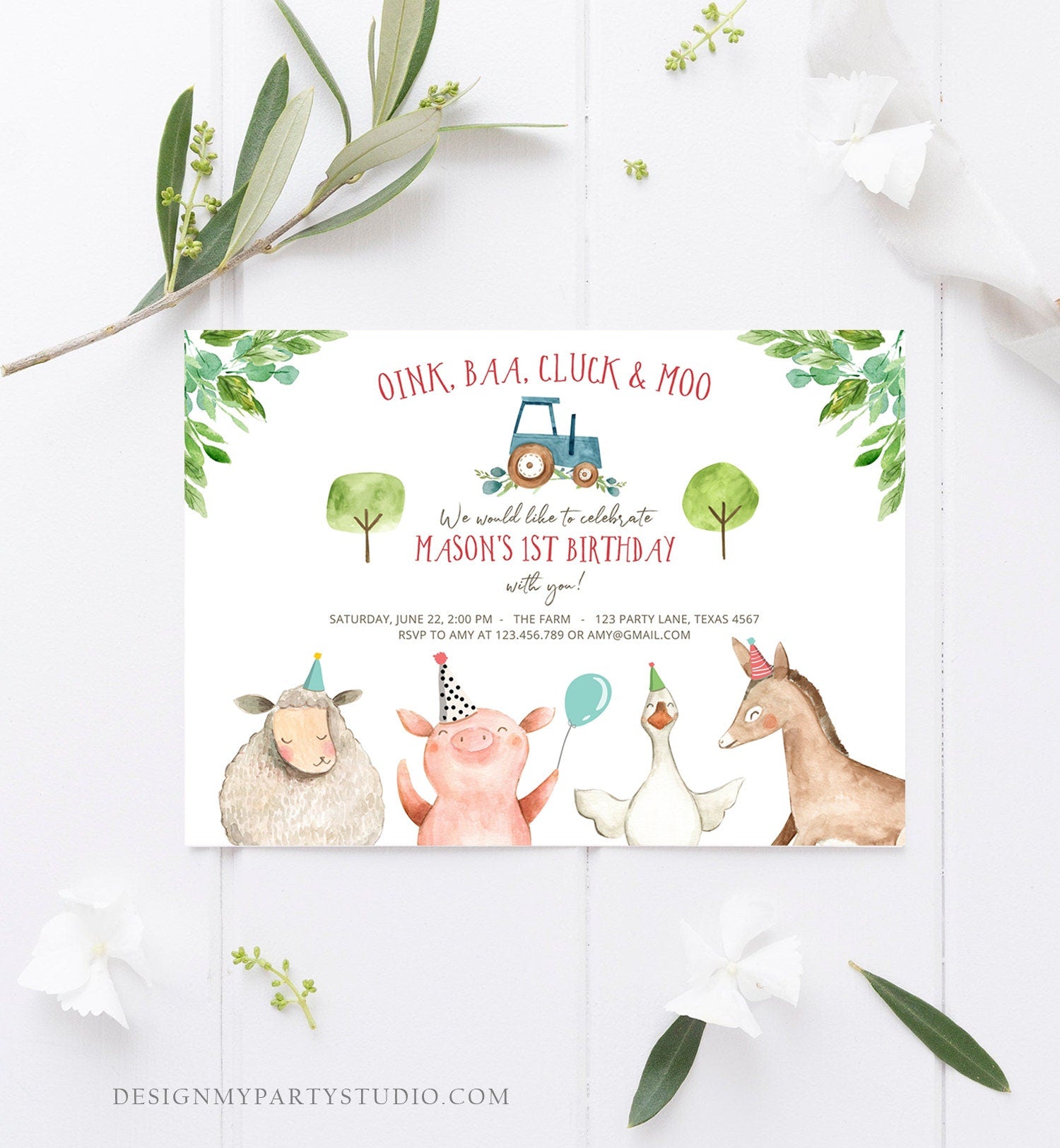 Editable Farm Birthday Invitation Boy Farm Animals Tractor Barnyard Barn Birthday Party Animals Digital Download Template Printable 0155