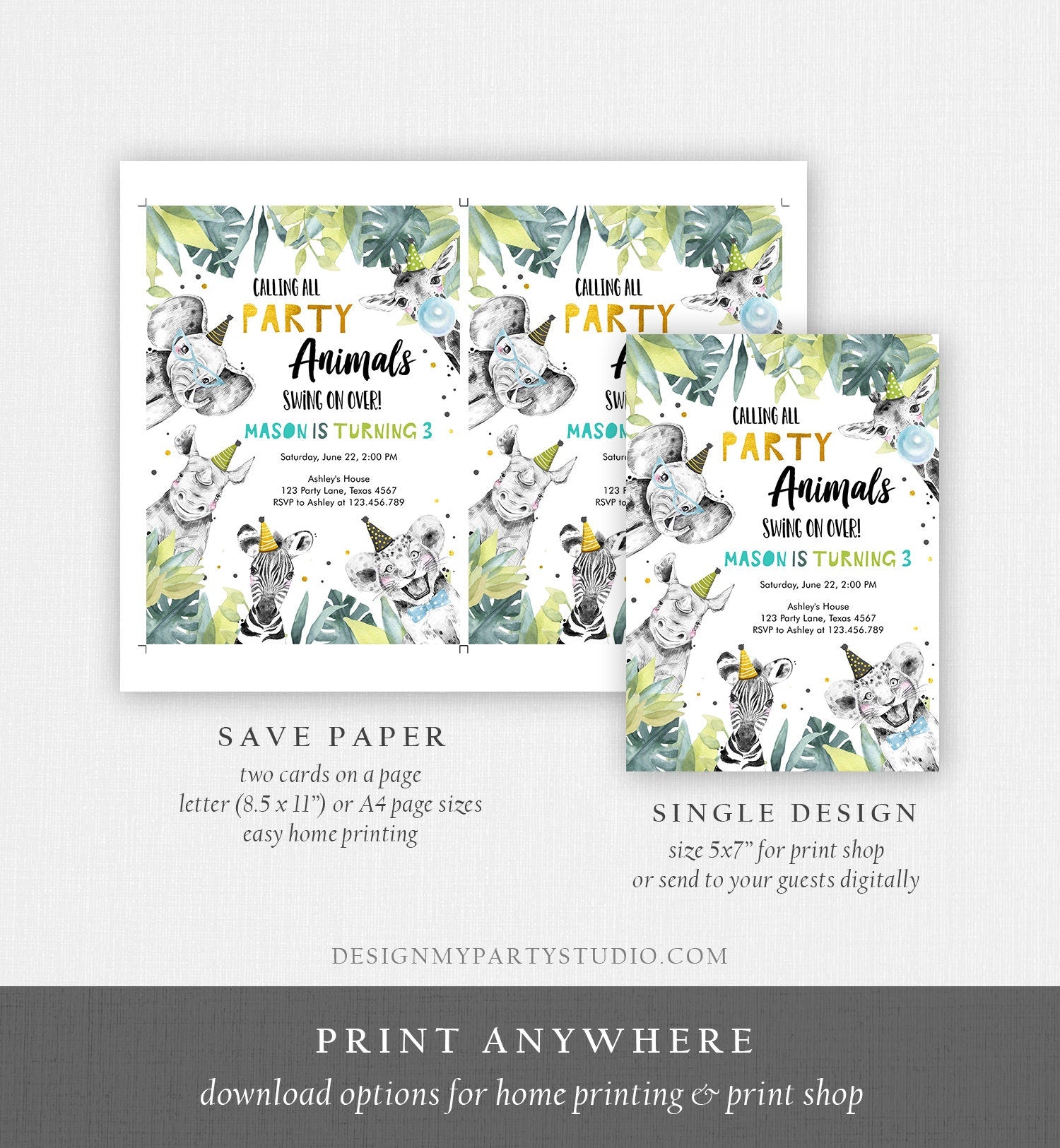 Editable Party Animals Birthday Invitation Wild One Safari Animals Boy Gold Black Zoo Monochrome Digital Download Template Printable 0322